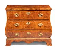 A German Gilt Bronze Mounted and Parcel Gilt Burl Walnut Bombe Chest in the Louis XV Taste