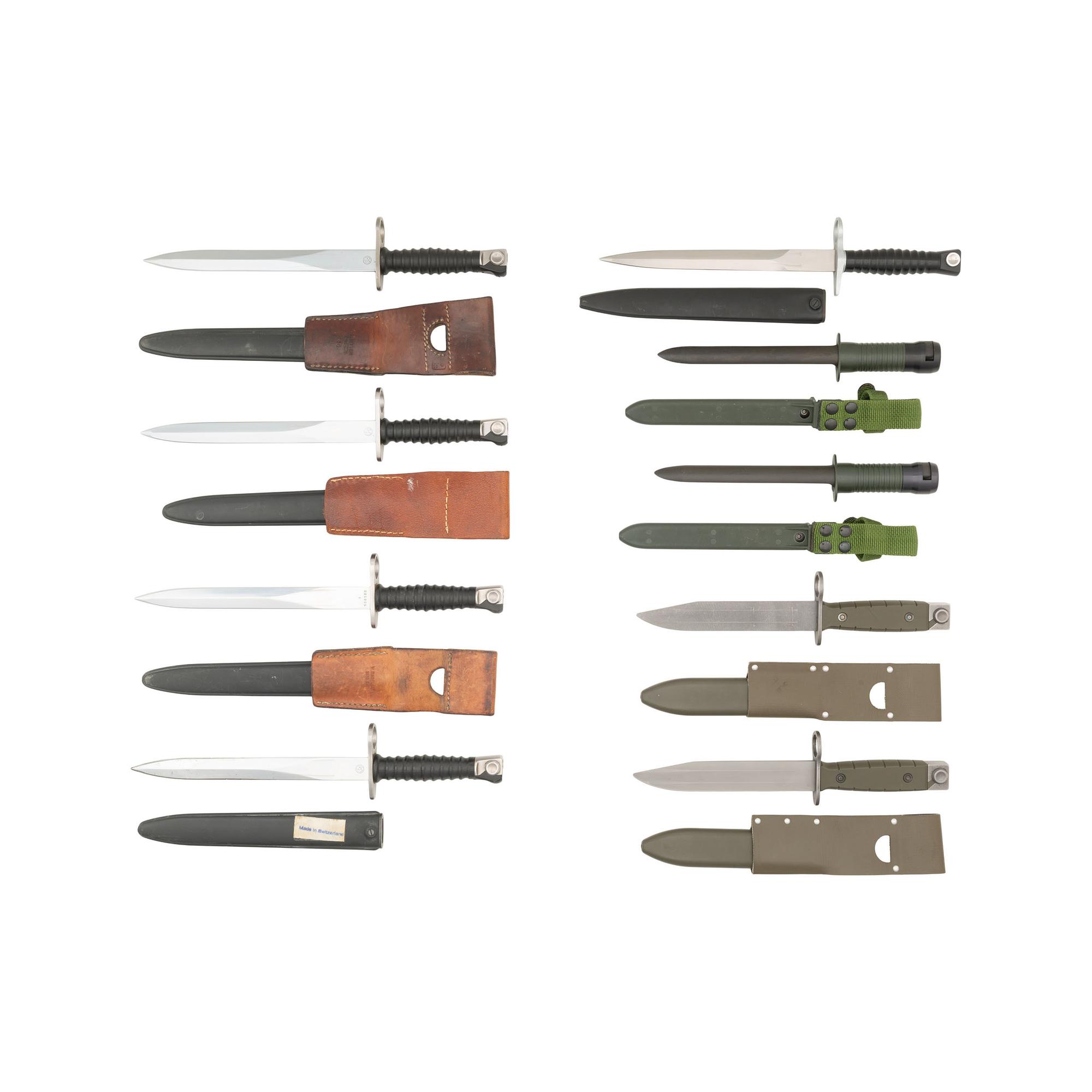 Lot of Nine Swiss Bayonets including Model 1957, Model 1990, and Model 530/540 Bayonets
