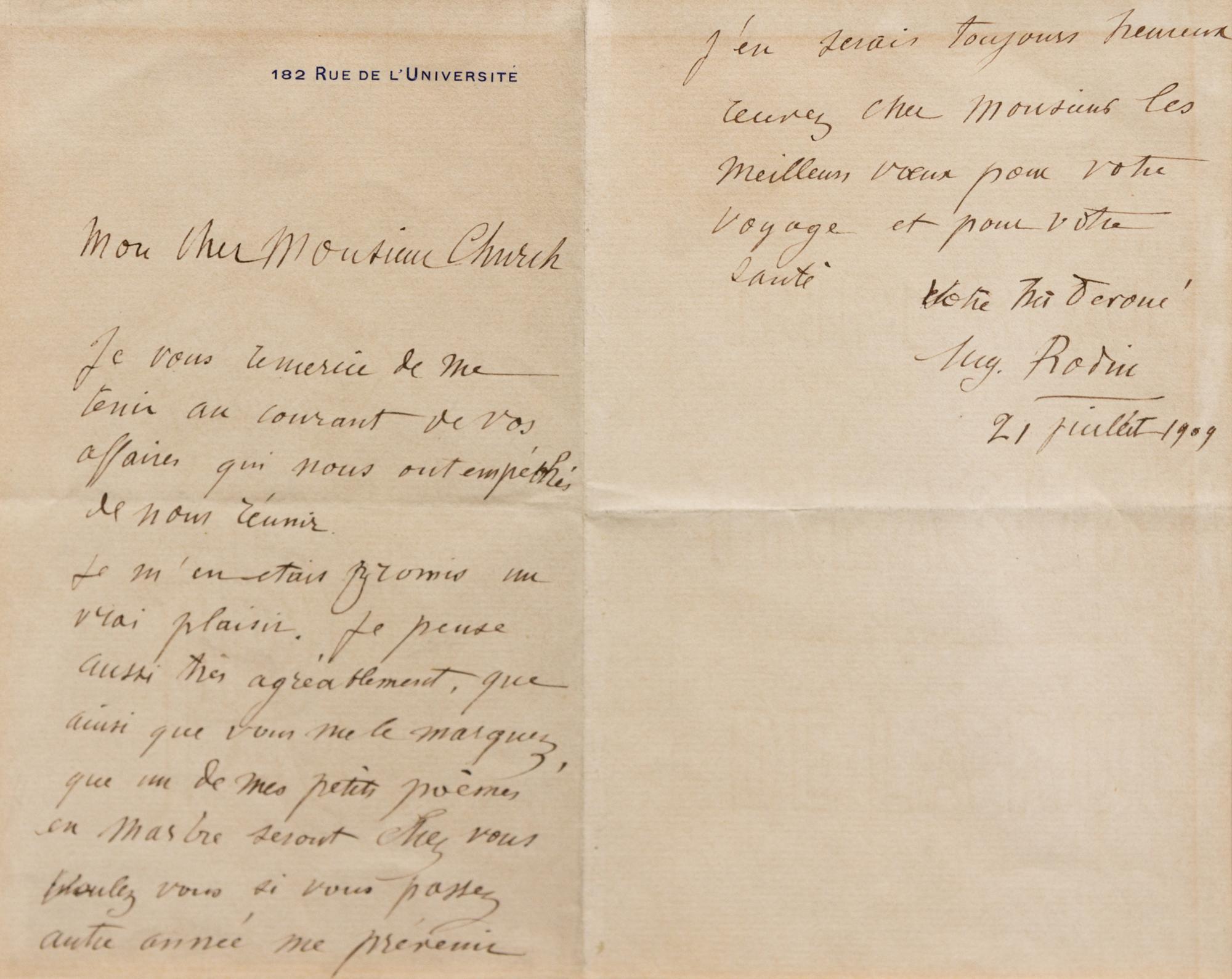RODIN, Auguste (1840-1917). Autographed letter signed ("Aug. Rodin"), in French, to Monsieur Church, [Paris], 21 July 1909.