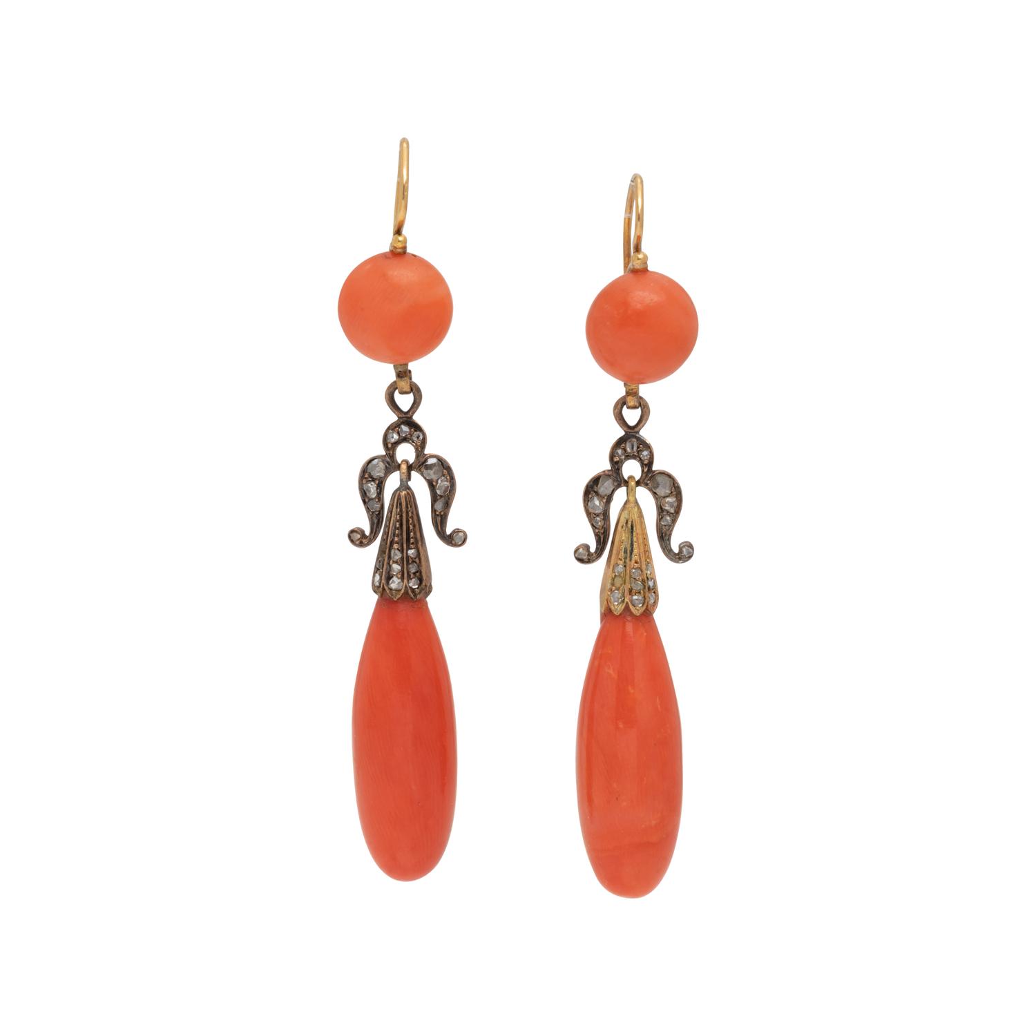 ANTIQUE, CORAL AND DIAMOND EARRINGS