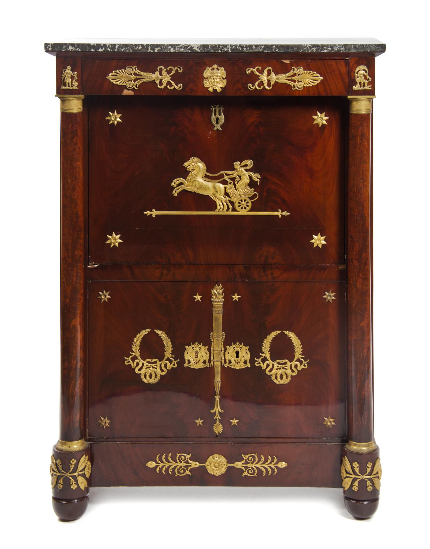 A French Empire Style Gilt Bronze Mounted Mahogany Secretaire a Abattant, EARLY 20TH CENTURY WITH LATER ELEMENTS, Height 56 1/2 x width — EARLY 20TH CENTURY WITH LATER ELEMENTS