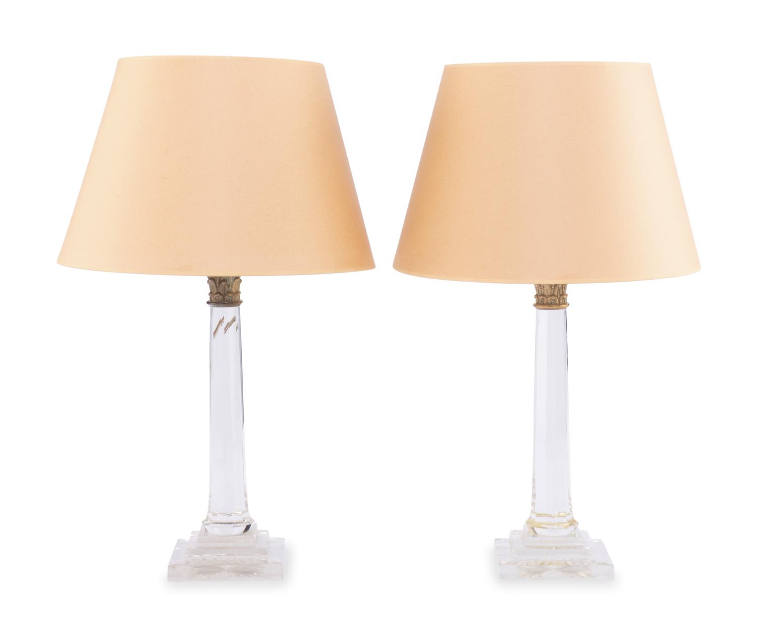 A Pair of Brass Mounted Cut Glass Columnar able Lamps