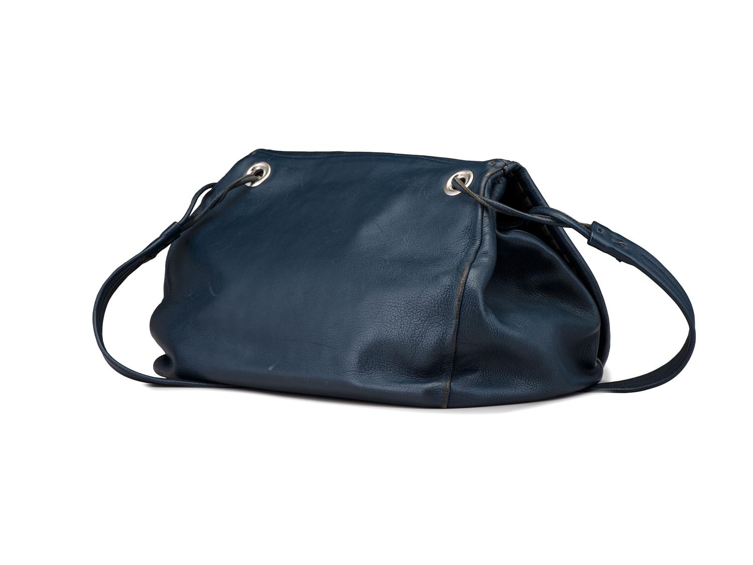 Large Navy Blue Drawstring Purse, with Sand Cast Silver Decoration