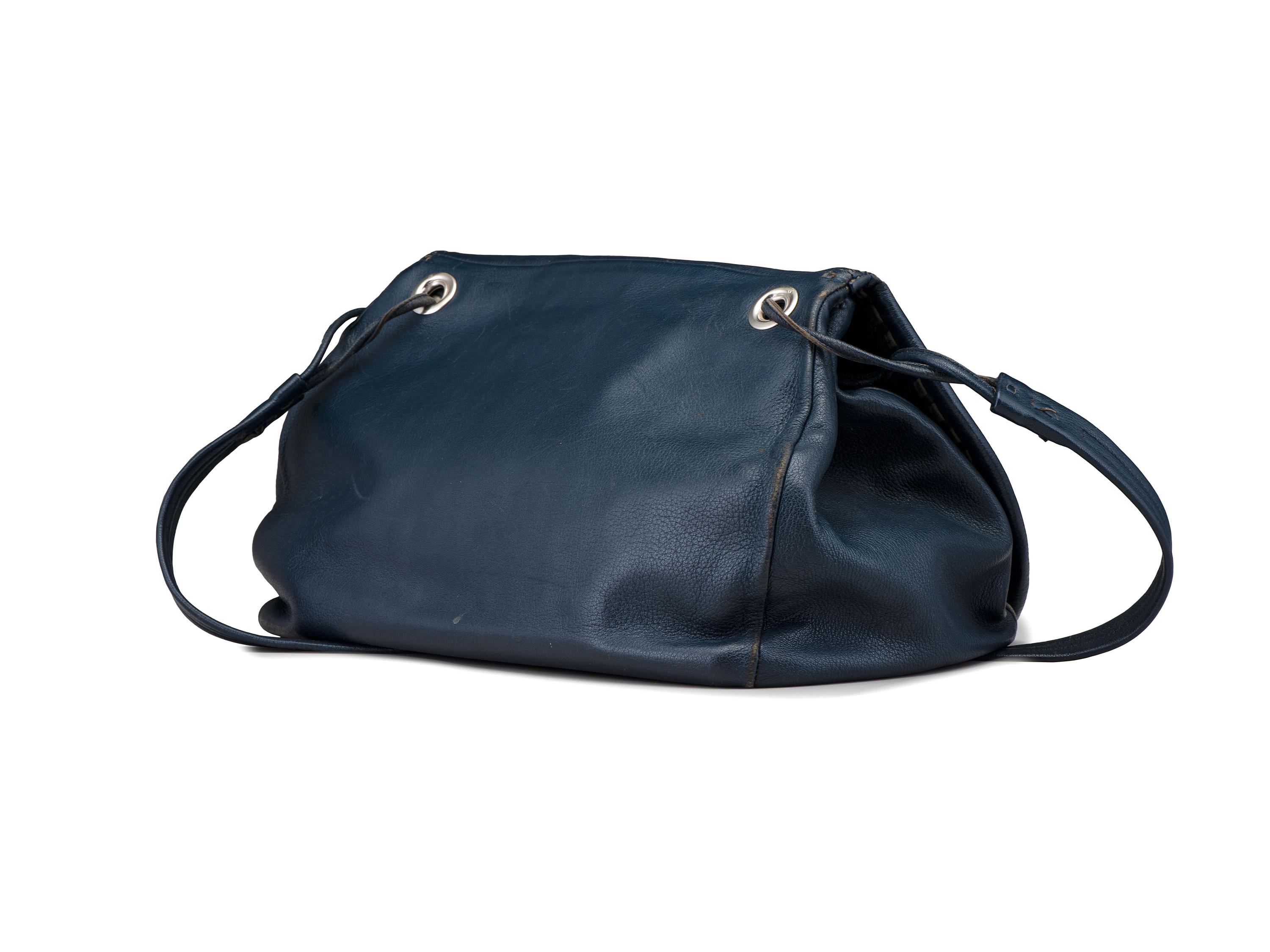 Large Navy Blue Drawstring Purse, with Sand Cast Silver Decoration