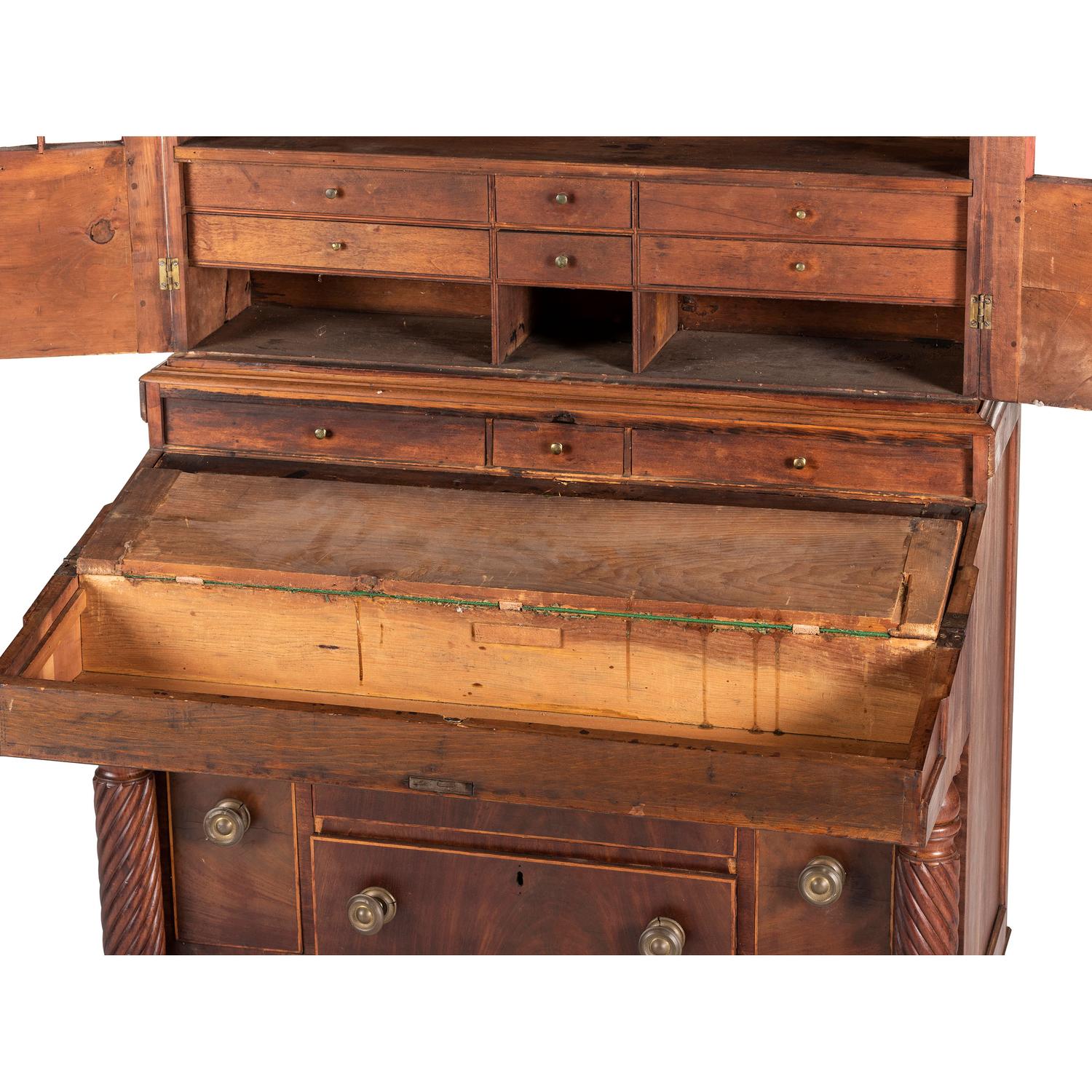 A Classical Figured Maple and Mahogany Desk-and-Bookcase
