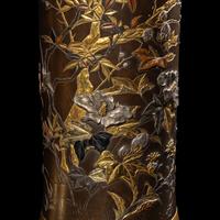 A Pair of Japanese Parcel Gilt and Patinated Bronze Vase, Signed Kyoto Inoue sei , Meiji Period 明治時期 京都井上製花鳥紋銅瓶一對