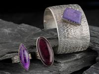 Navajo and Zuni Silver Cuff Bracelet and Rings Set with Sugilite or Chaorite