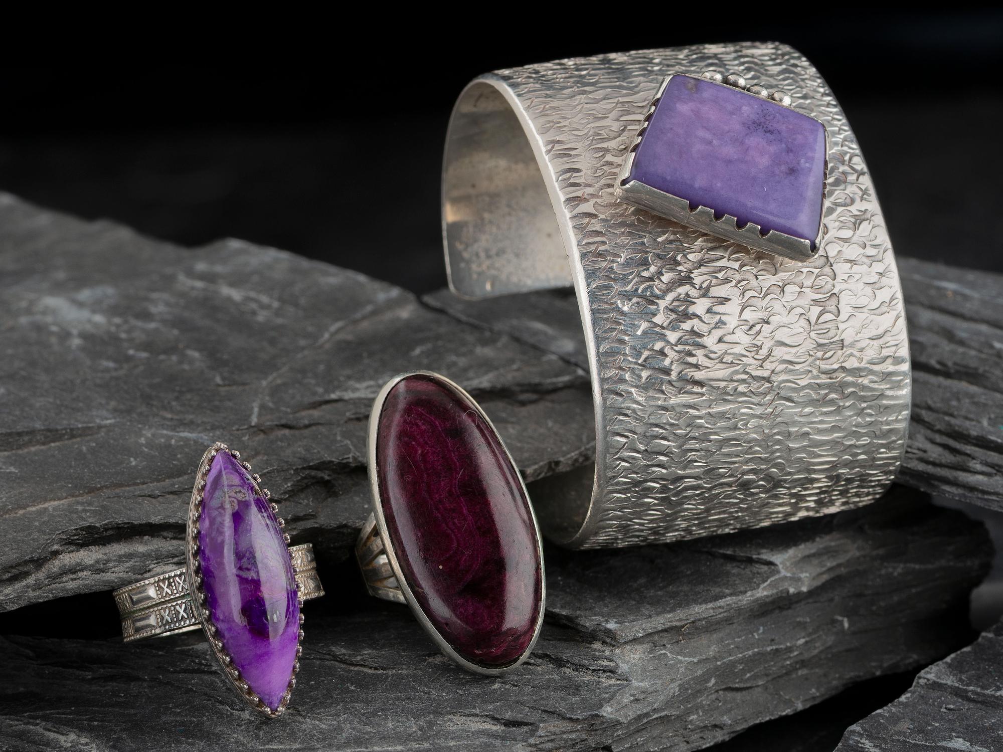 Navajo and Zuni Silver Cuff Bracelet and Rings Set with Sugilite or Chaorite