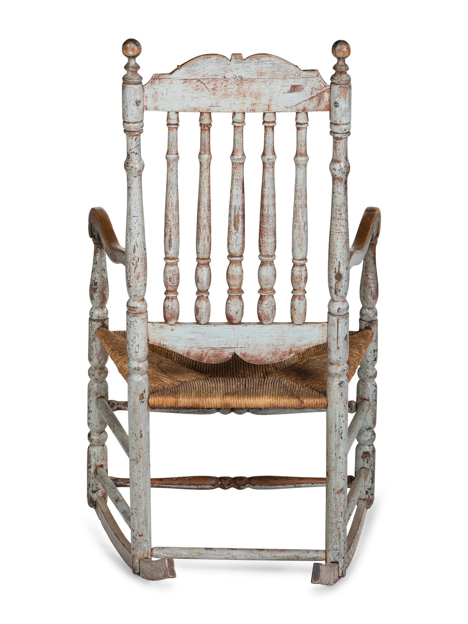 A William and Mary Paint Decorated Rush-Seat Bannister-Back Armchair Rocker