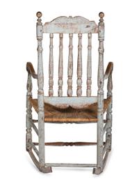 A William and Mary Paint Decorated Rush-Seat Bannister-Back Armchair Rocker