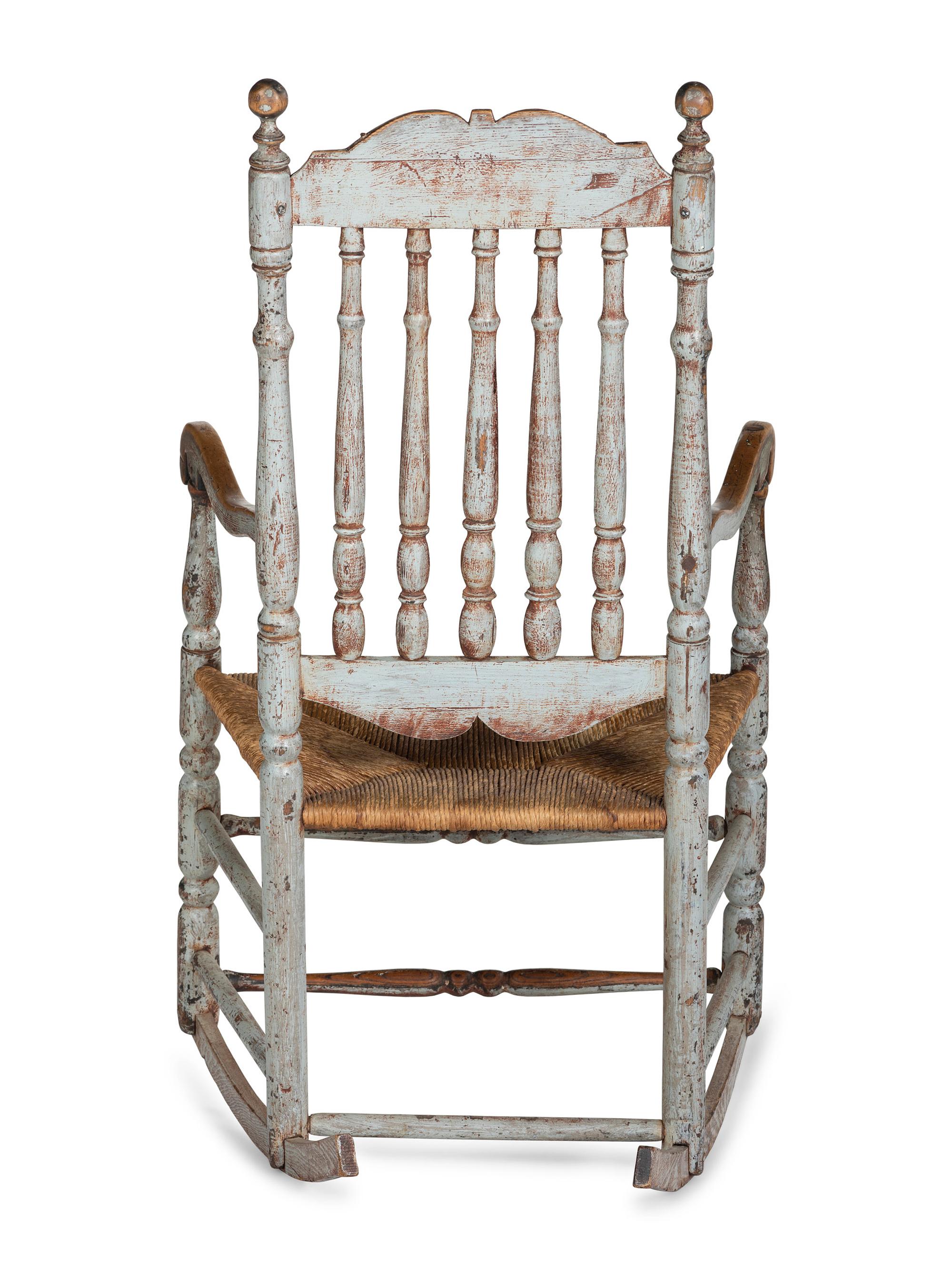 A William and Mary Paint Decorated Rush-Seat Bannister-Back Armchair Rocker