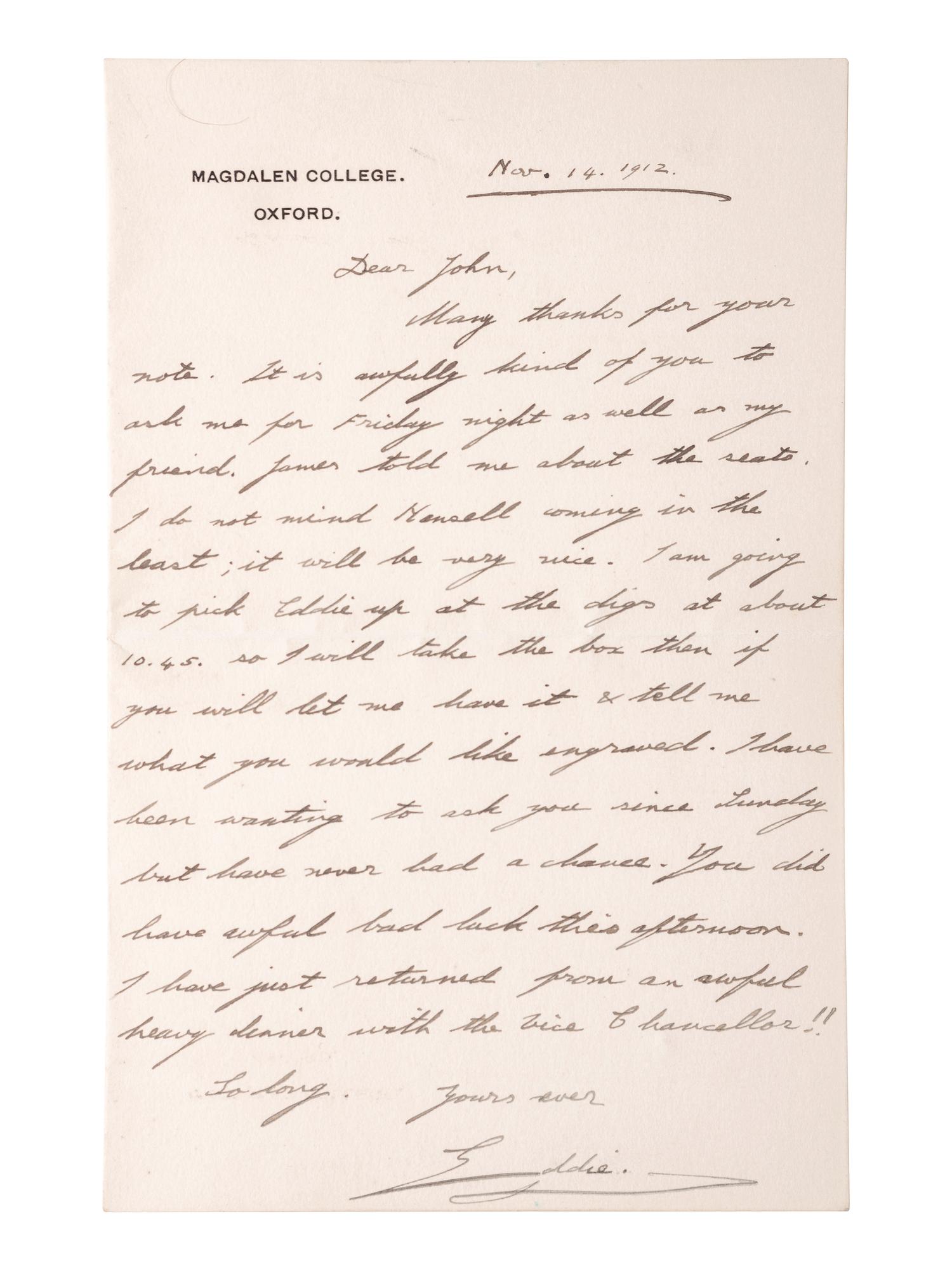 [ROYALTY]. WINDSOR, Edward, Duke of (1894-1972). Autograph letter signed ("Eddie"), as Prince of Wales. Oxford, 14 November 1912.