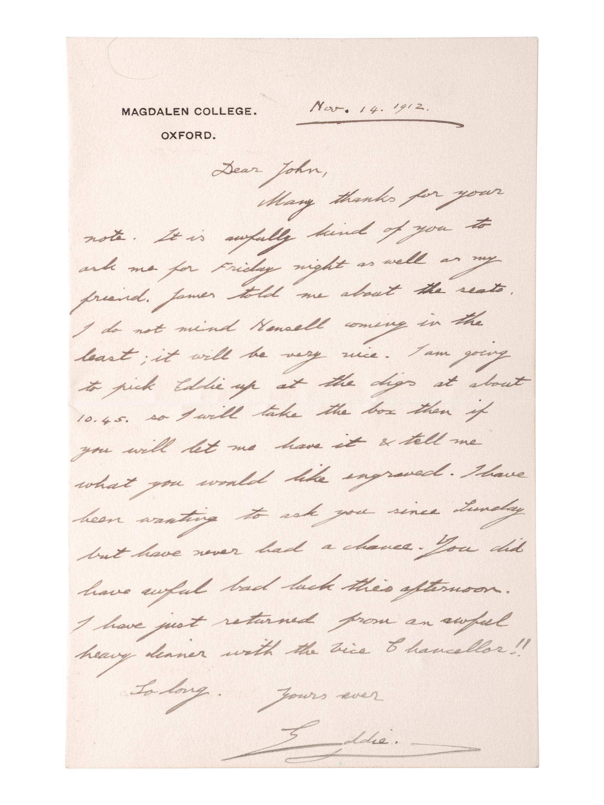 [ROYALTY]. WINDSOR, Edward, Duke of (1894-1972). Autograph letter signed ("Eddie"), as Prince of Wales. Oxford, 14 November 1912.