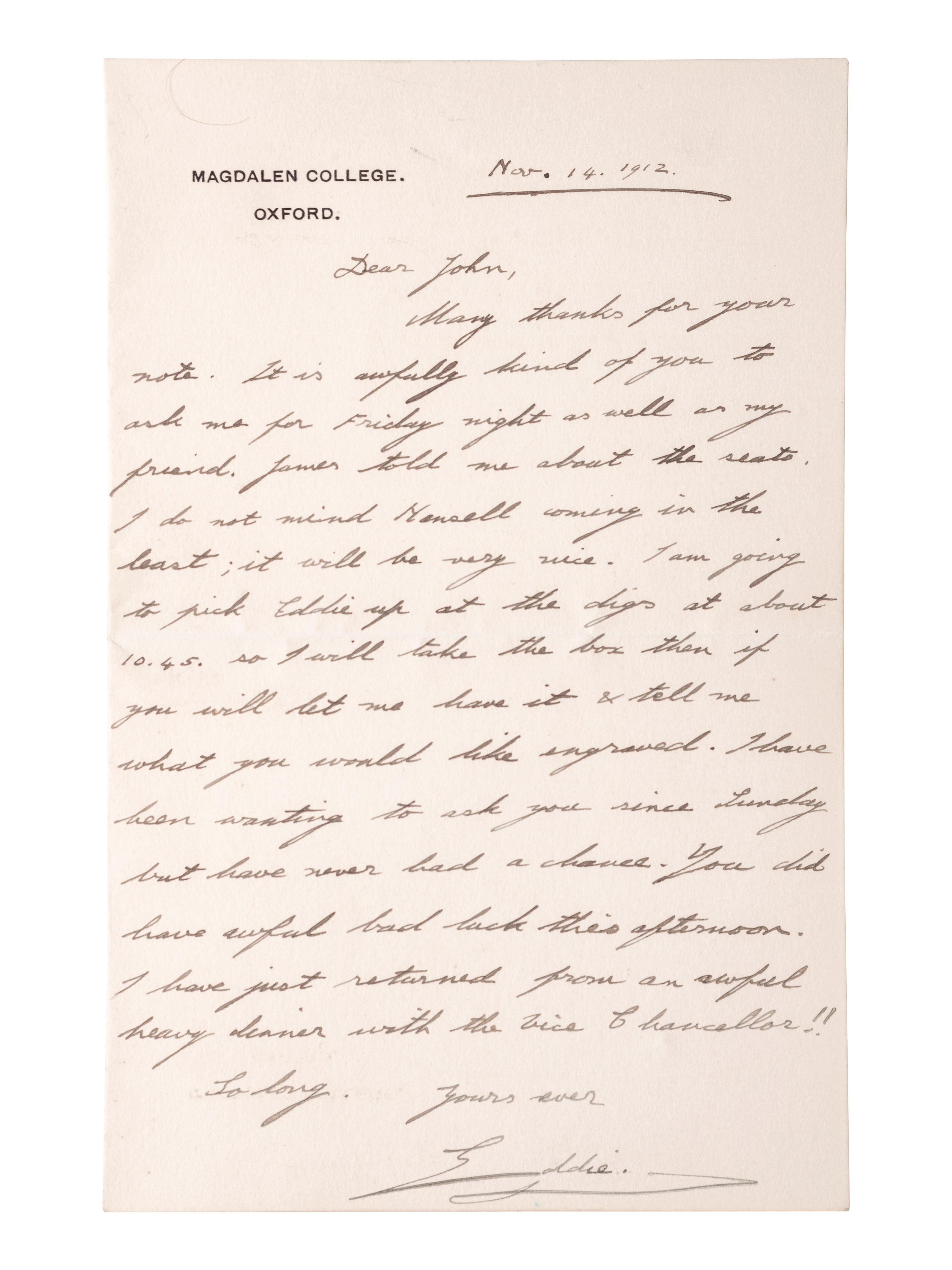 [ROYALTY]. WINDSOR, Edward, Duke of (1894-1972). Autograph letter signed ("Eddie"), as Prince of Wales. Oxford, 14 November 1912.