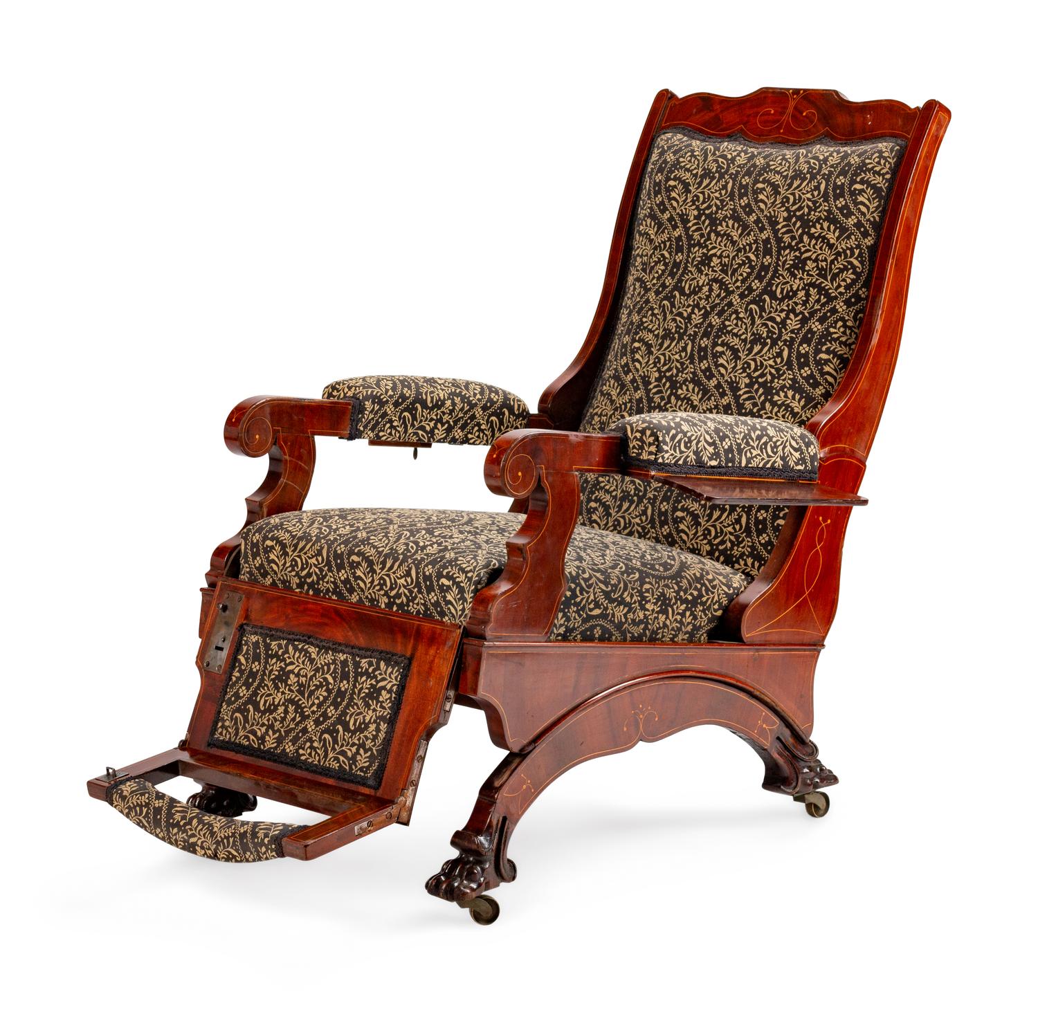 A Victorian Inlaid Mahogany Reclining Armchair — LAST QUARTER 19TH CENTURY