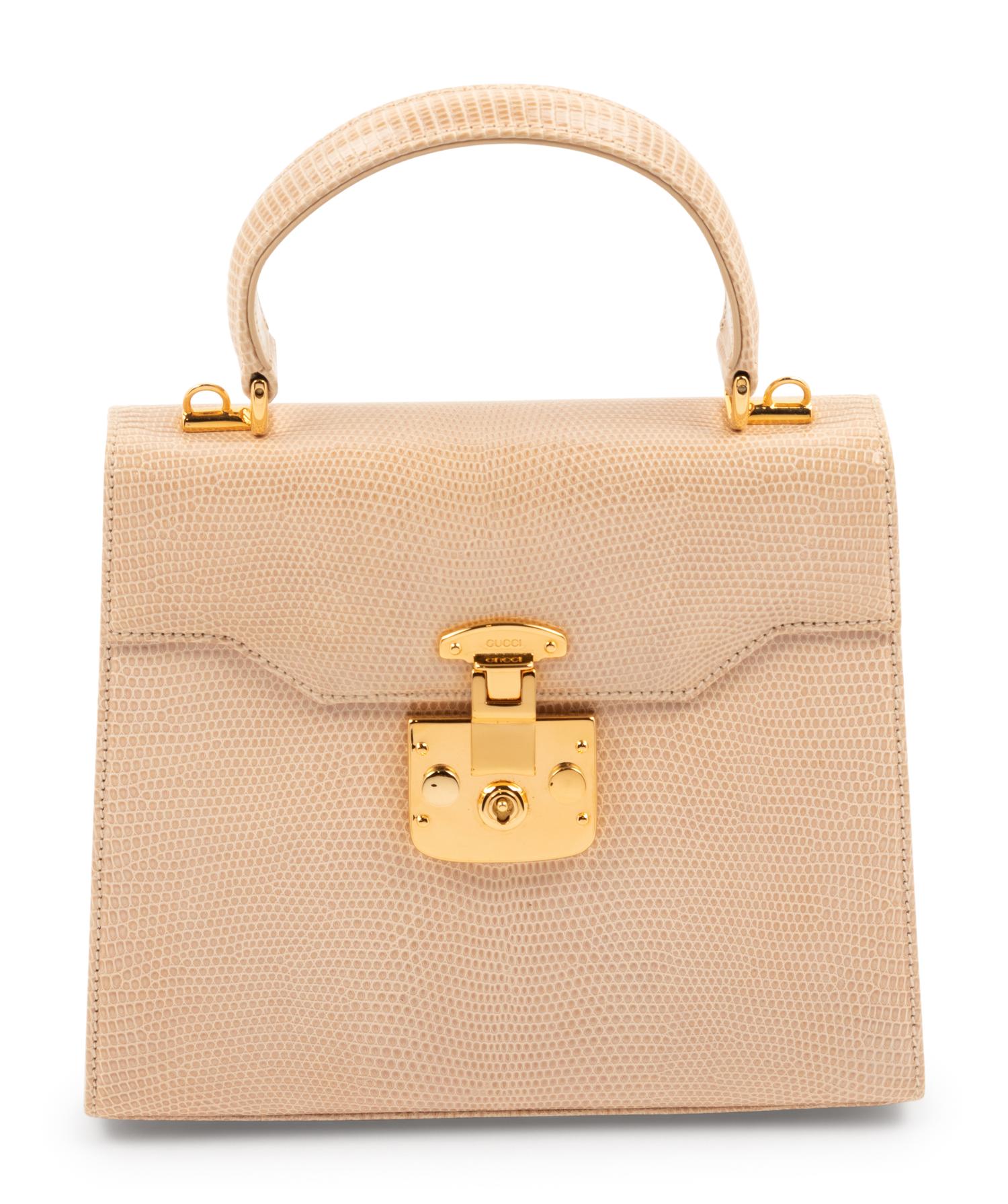 Gucci Taupe Pink Lizard Front Lock Handbag