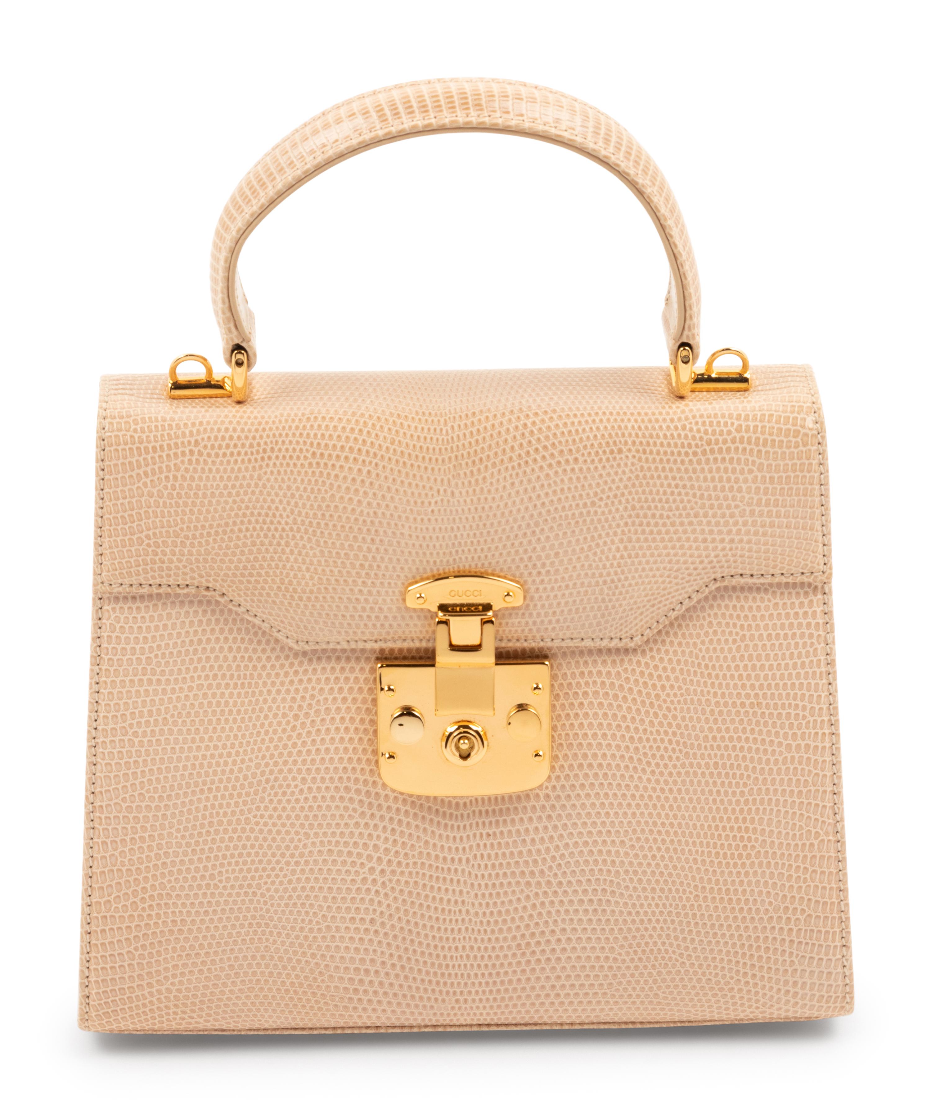 Gucci Taupe Pink Lizard Front Lock Handbag