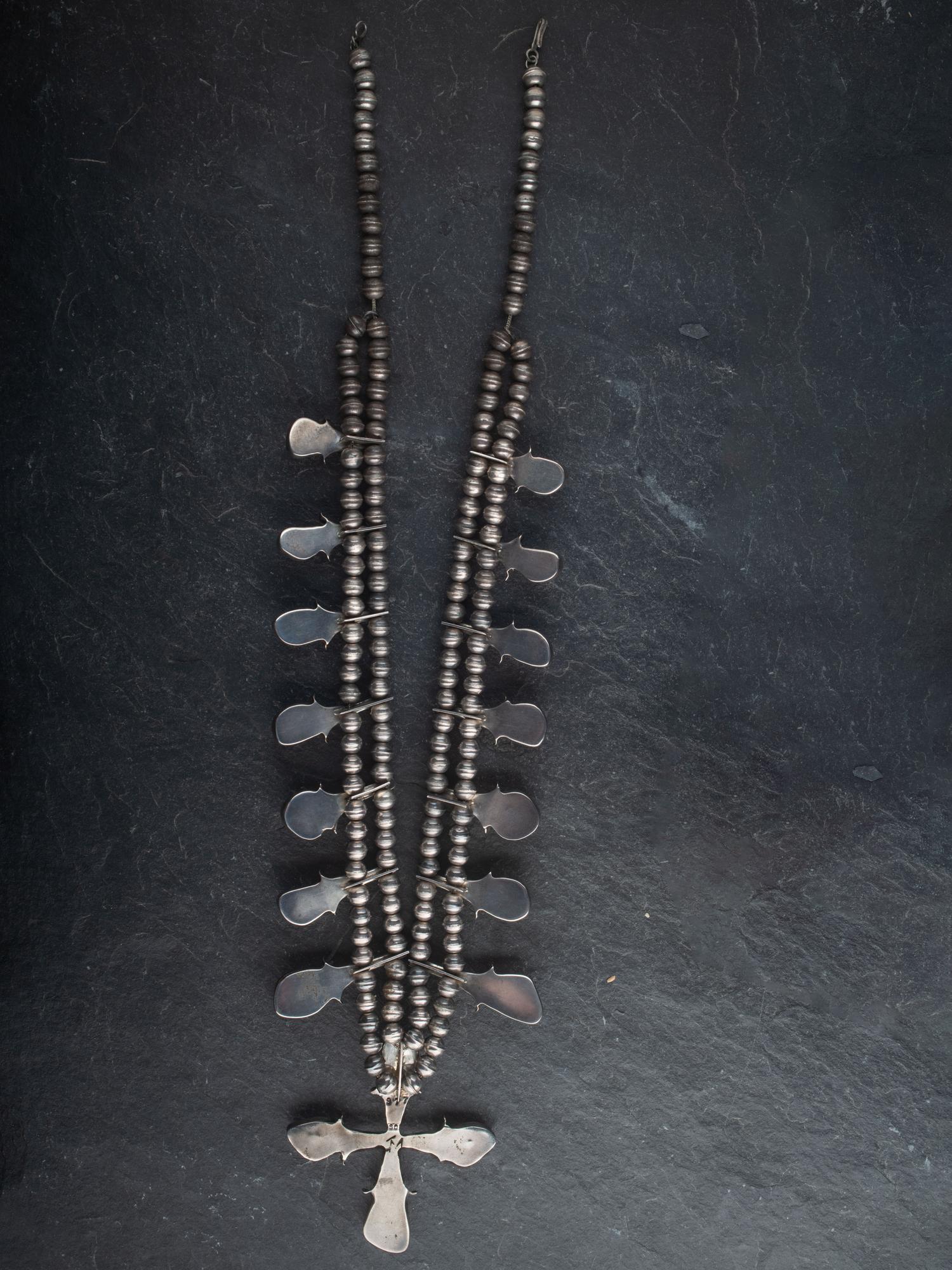 Navajo Silver and Turquoise Squash Blossom Necklacce, with Cross Naja