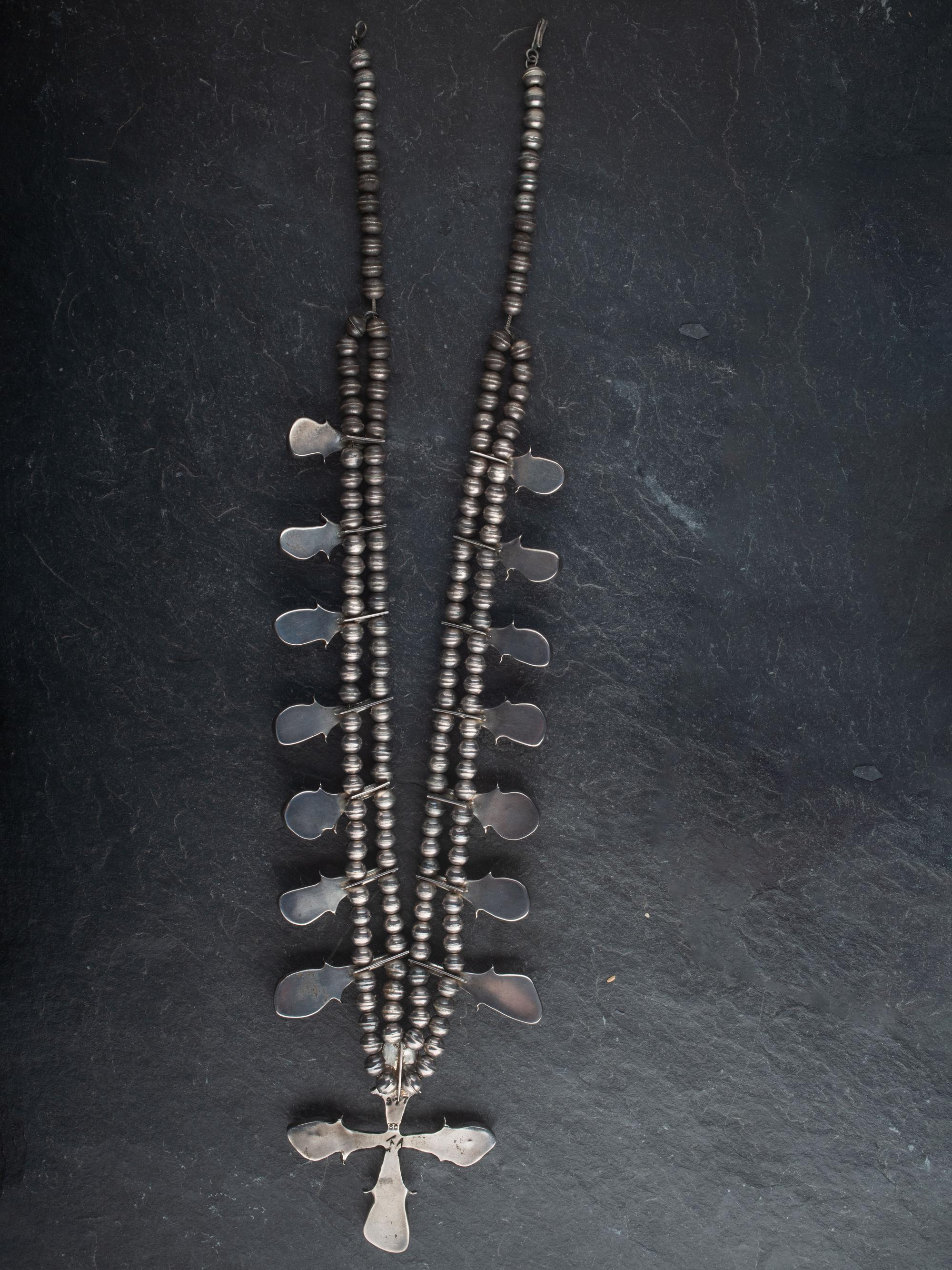 Navajo Silver and Turquoise Squash Blossom Necklacce, with Cross Naja