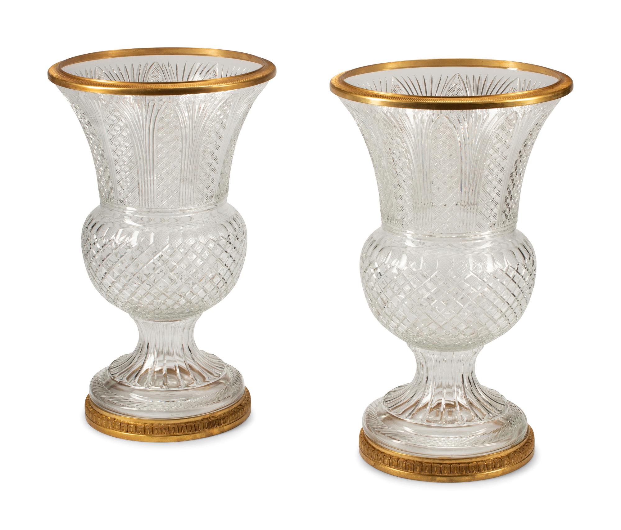 A Pair of French Gilt Bronze Mounted Cut Glass Campagna Vases
