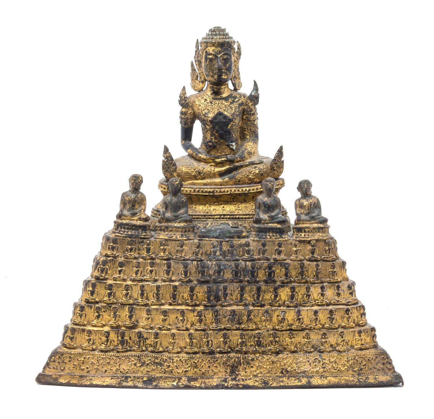 A Thai Gilt Bronze Figure of Buddha Height 11 1/2 x width 11 1/2 inches.
