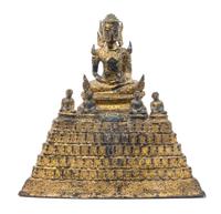 A Thai Gilt Bronze Figure of Buddha Height 11 1/2 x width 11 1/2 inches.