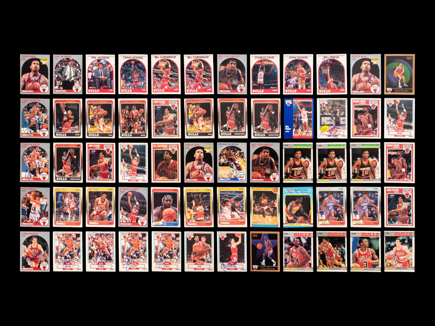 A Large Group of 60 Assorted Vintage Chicago Bulls Championship Era and 1980s Stars Signed Autograph Basketball Cards (Including Phil Jackson),