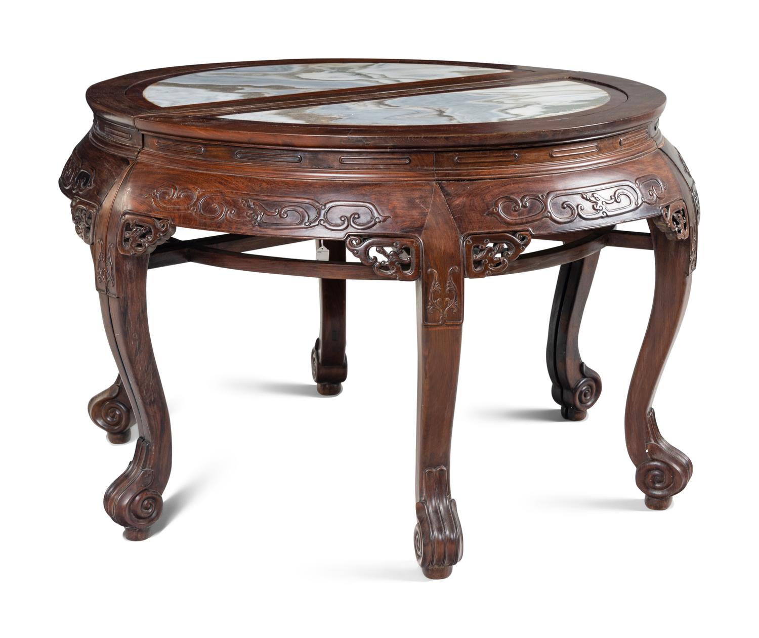 A Pair of Chinese Marble Inset Hardwood Demi-Lune Side Tables and Five Matching Stools