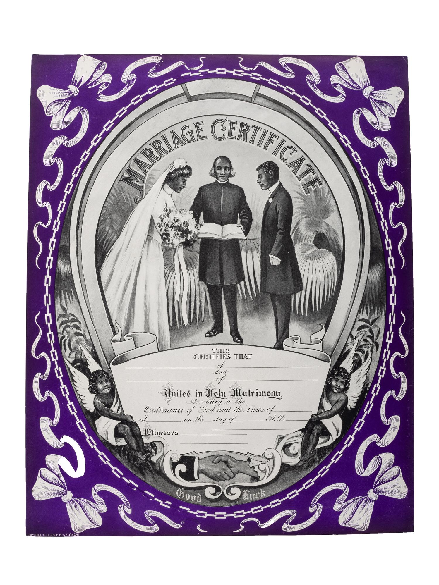 [CIVIL RIGHTS]. Marriage Certificate . Chicago: P.P. and F. Co., 1910.