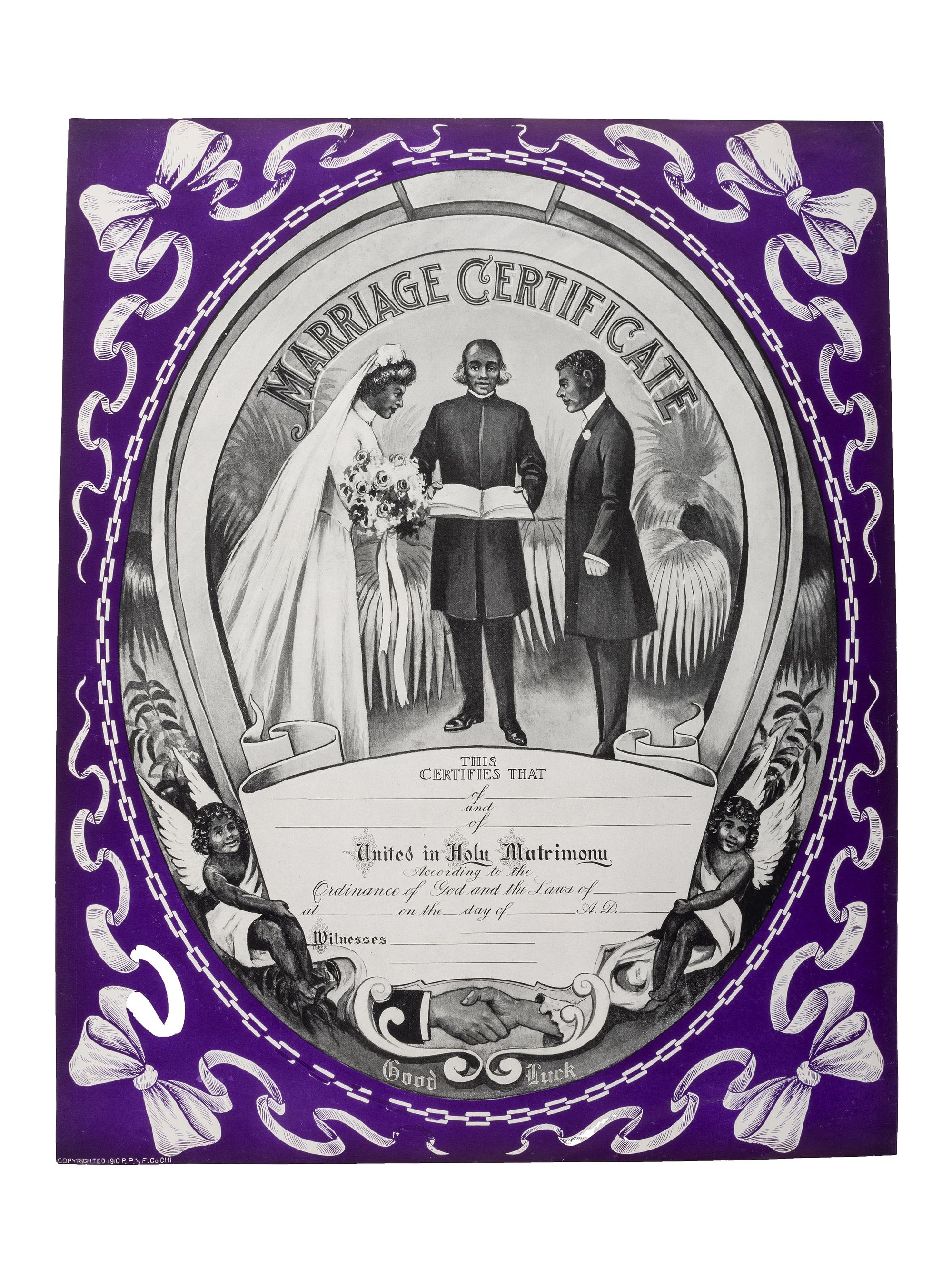 [CIVIL RIGHTS]. Marriage Certificate . Chicago: P.P. and F. Co., 1910.