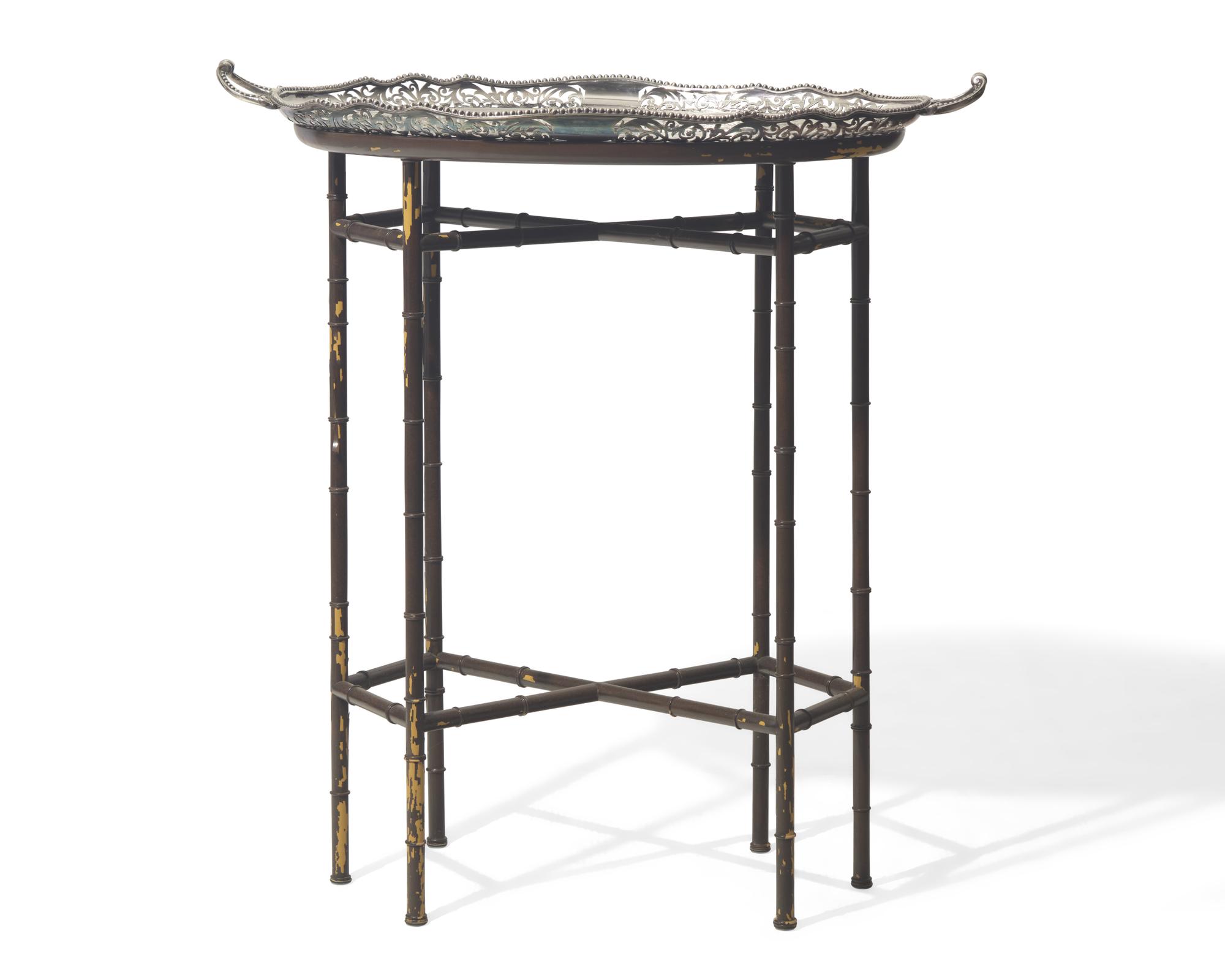 A Silver-Plate Tray on Faux Bamboo Stand