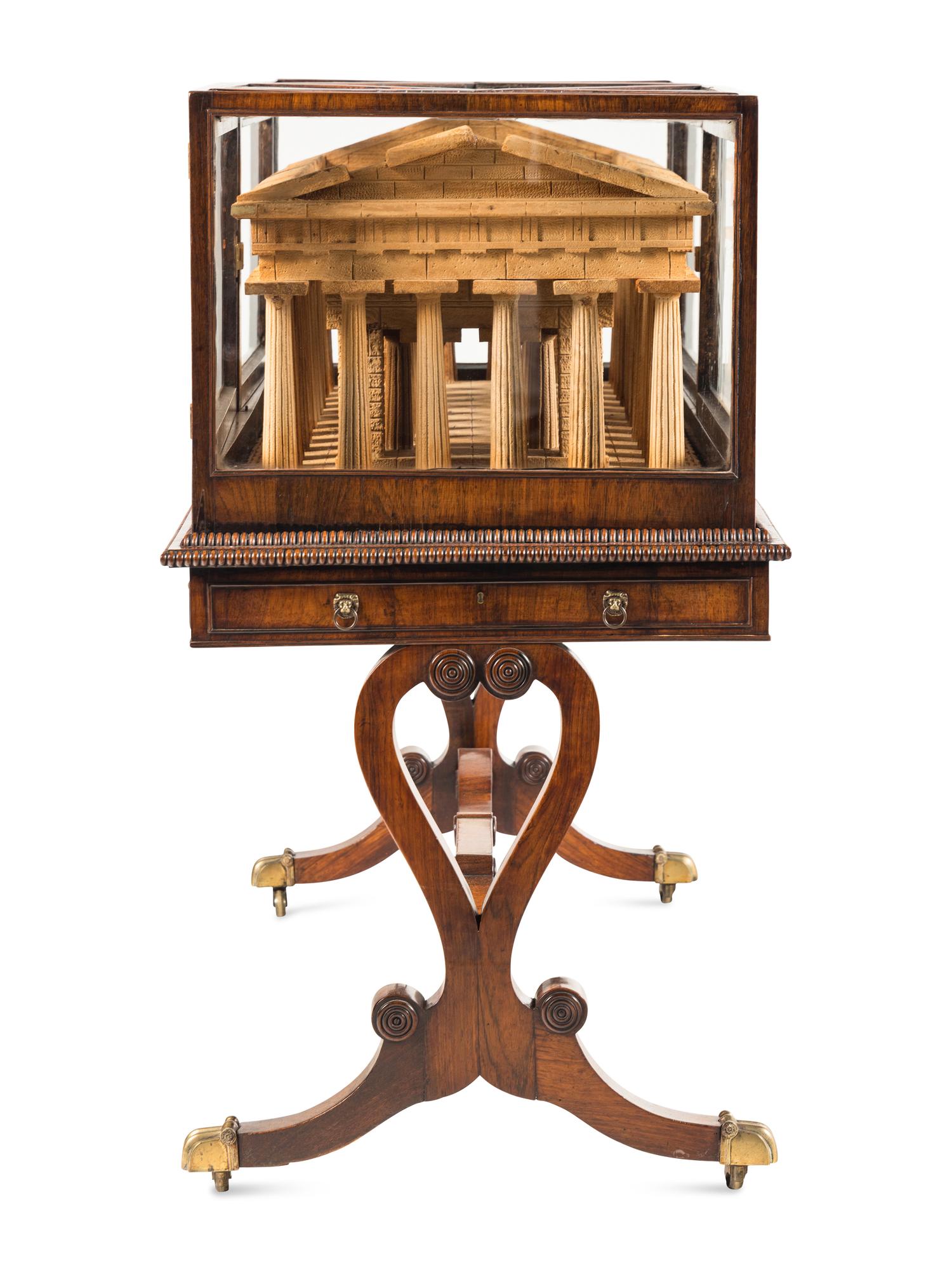 A Carved Wood Model of the Paestum Temple of Hera II in a Rosewood Display Case