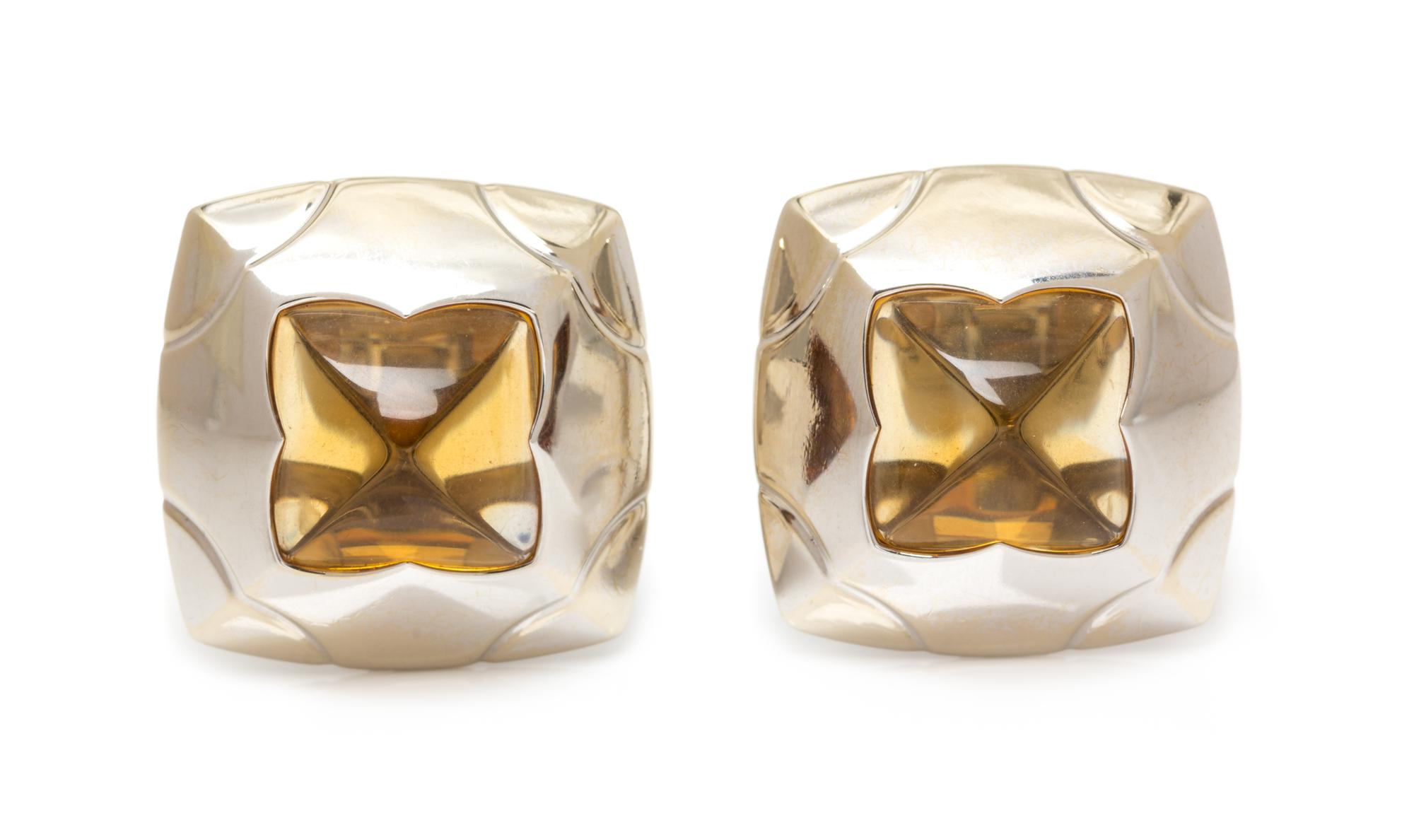 A Pair of 18 Karat White Gold and Citrine 'Pyramid' Earclips, Bvlgari, 19.50 dwts.