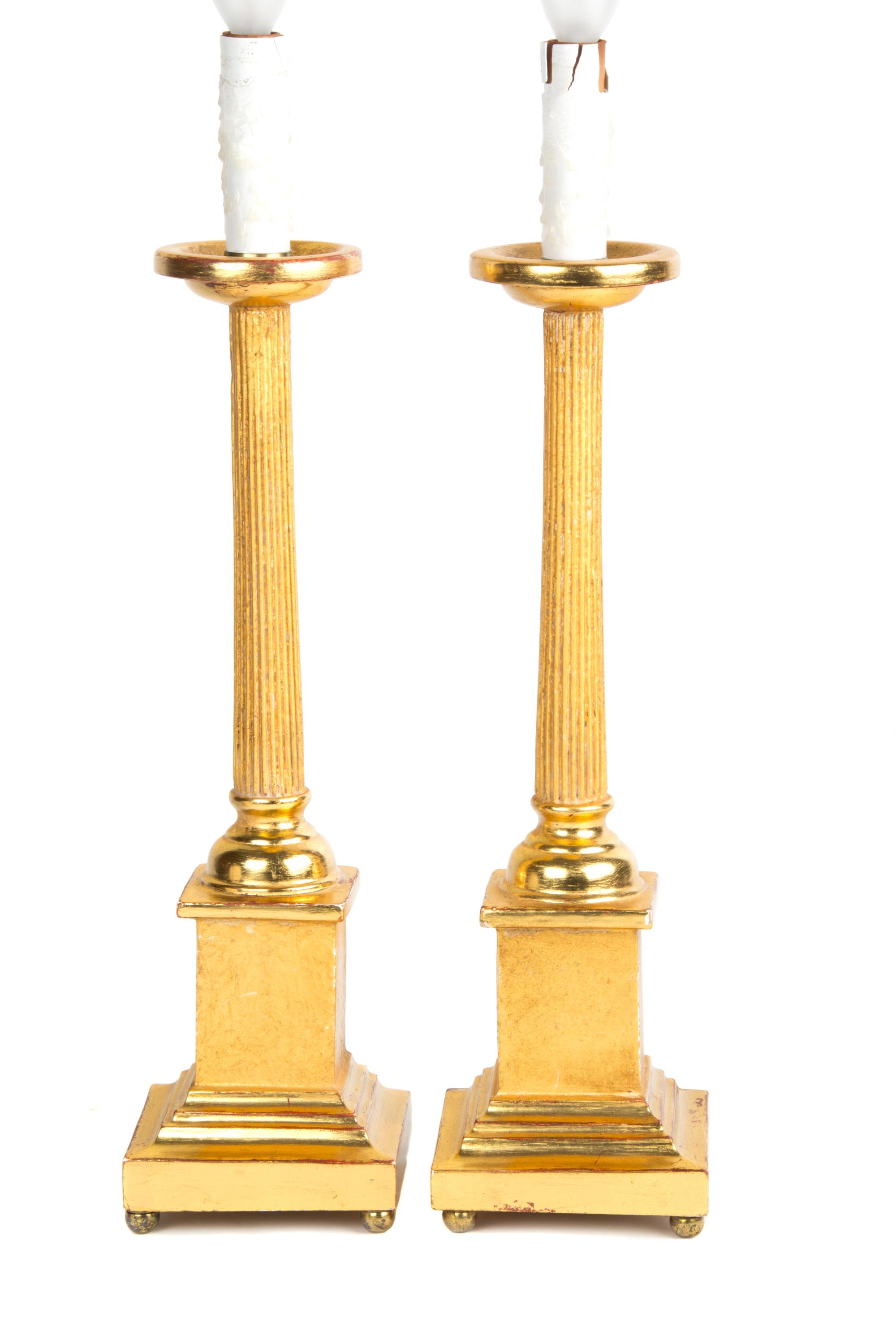 A Pair of Empire Style Giltwood Table Lamps Height 20 inches. — 20TH CENTURY