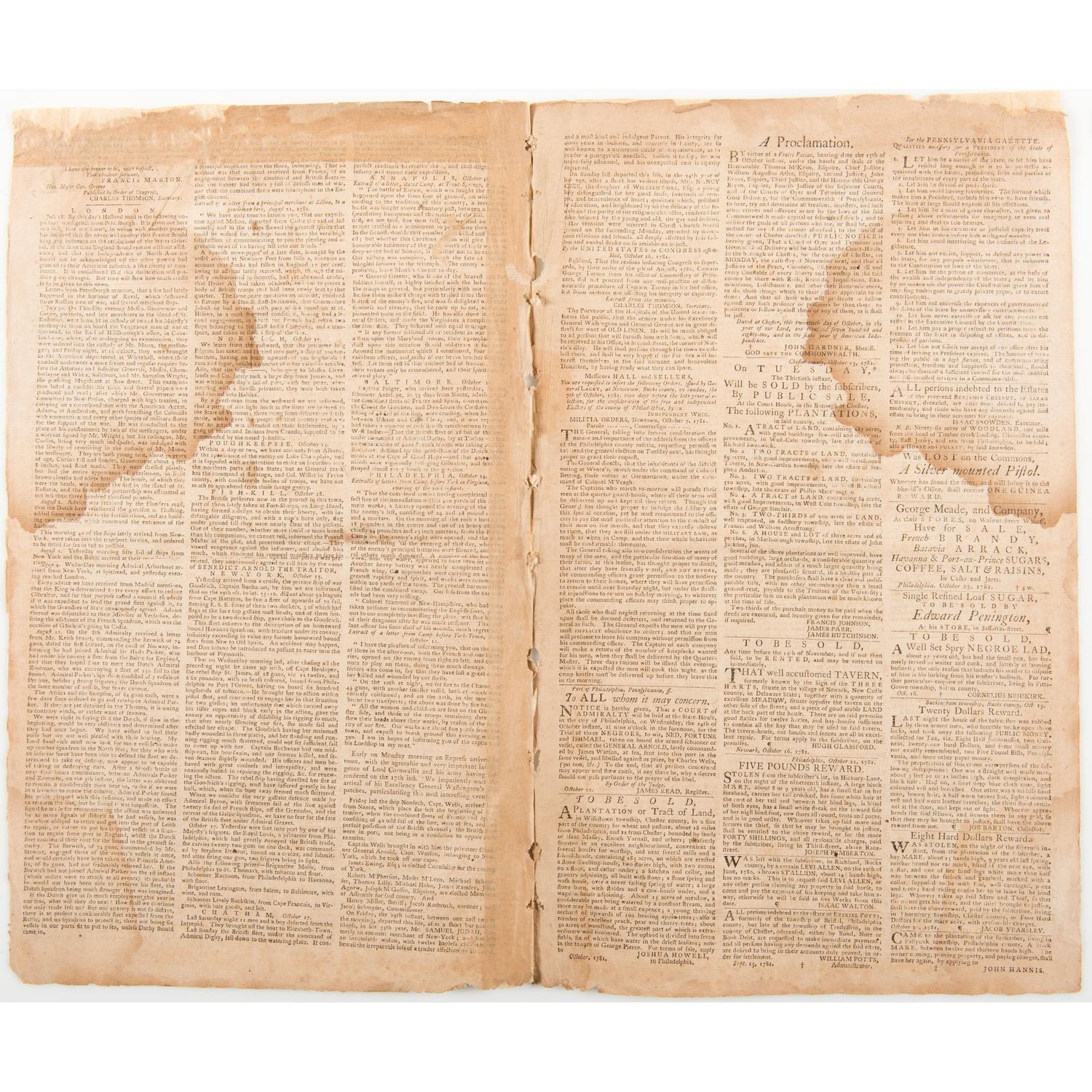 General Cornwallis' Surrender to George Washington at Yorktown, First "Breaking News" Reported in Pennsylvania Gazette and Weekly Advertiser , 1781