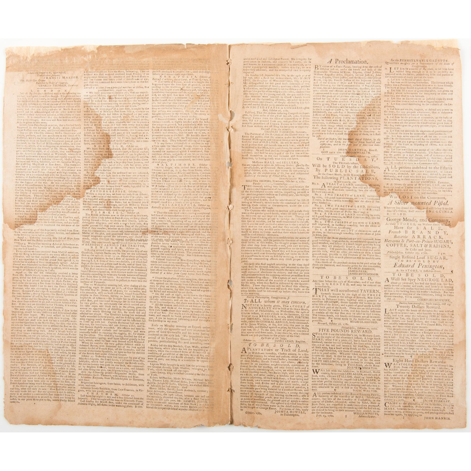 General Cornwallis' Surrender to George Washington at Yorktown, First "Breaking News" Reported in Pennsylvania Gazette and Weekly Advertiser , 1781