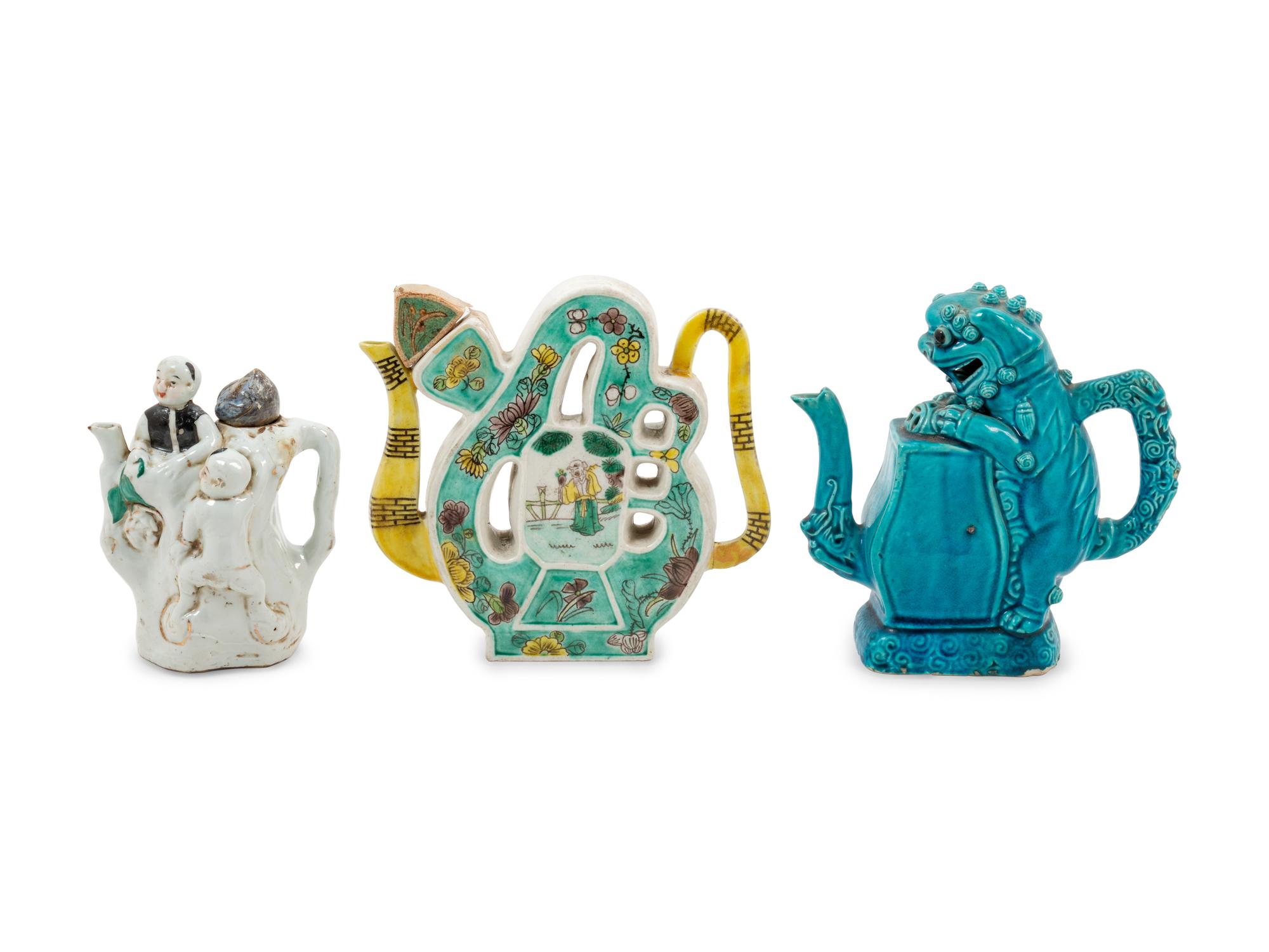 Three Chinese Famille Rose Porcelain Teapots