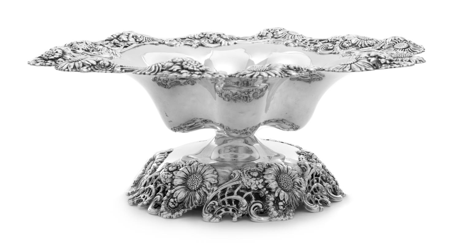 An American Silver Tazza, Dominick & Haff, New York, NY, the bowl and foot rim decorated with floral and pierced C-scroll decoration.