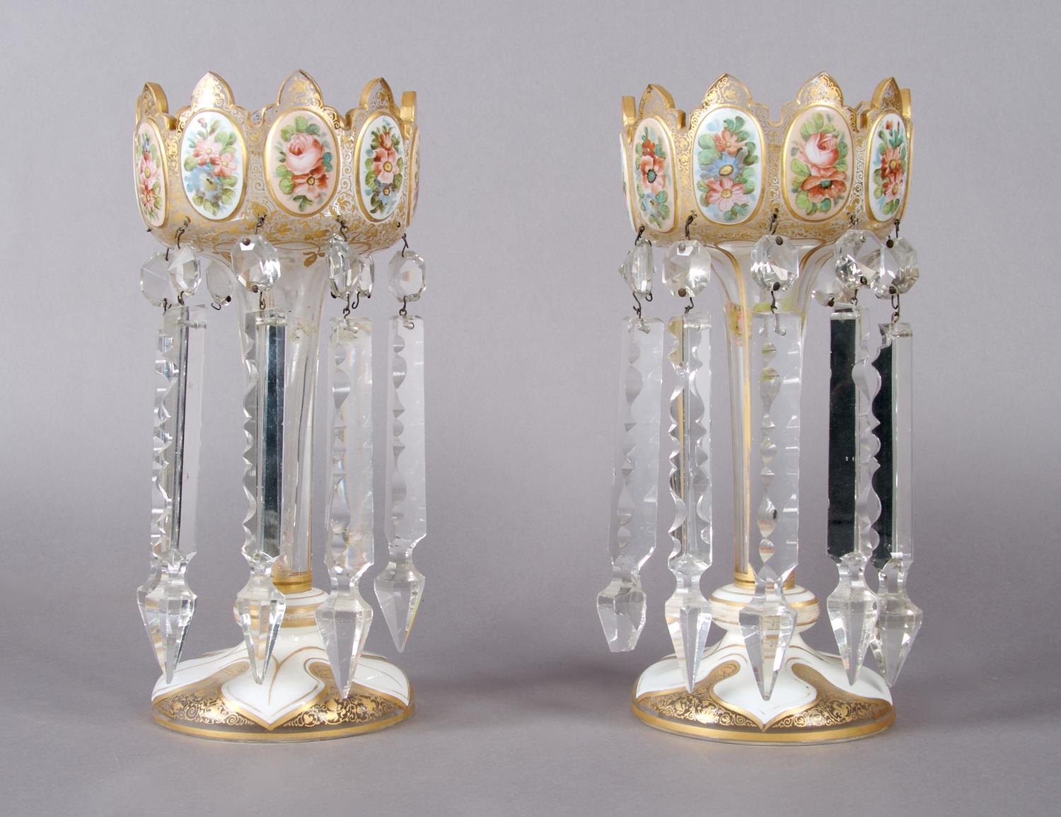A Pair of Bohemian Glass Enameled Lusters, Height 10 1/4 inches.
