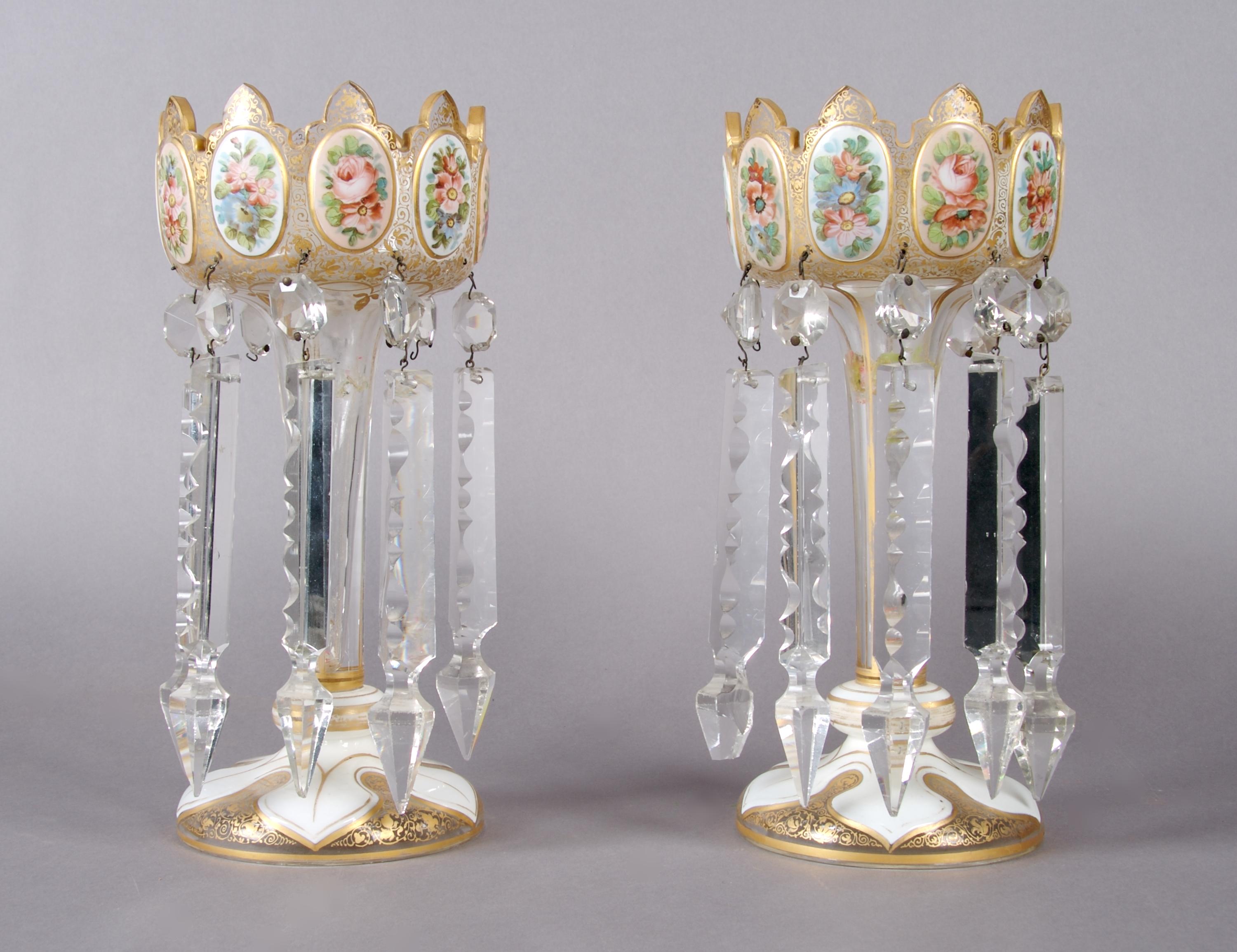 A Pair of Bohemian Glass Enameled Lusters, Height 10 1/4 inches.