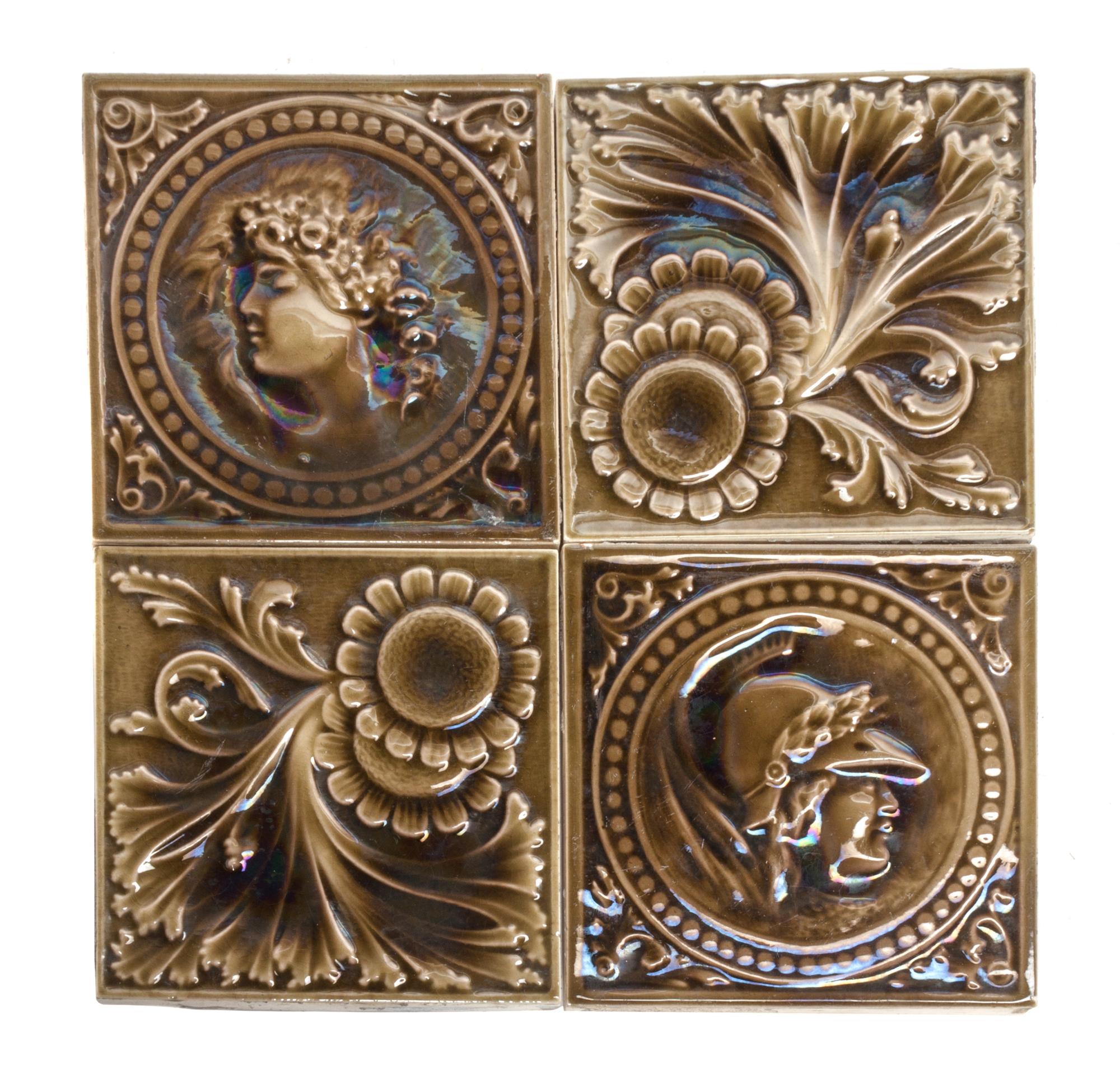 A Collection of Fourteen Pottery Tiles Each: 6 x 6 inches.