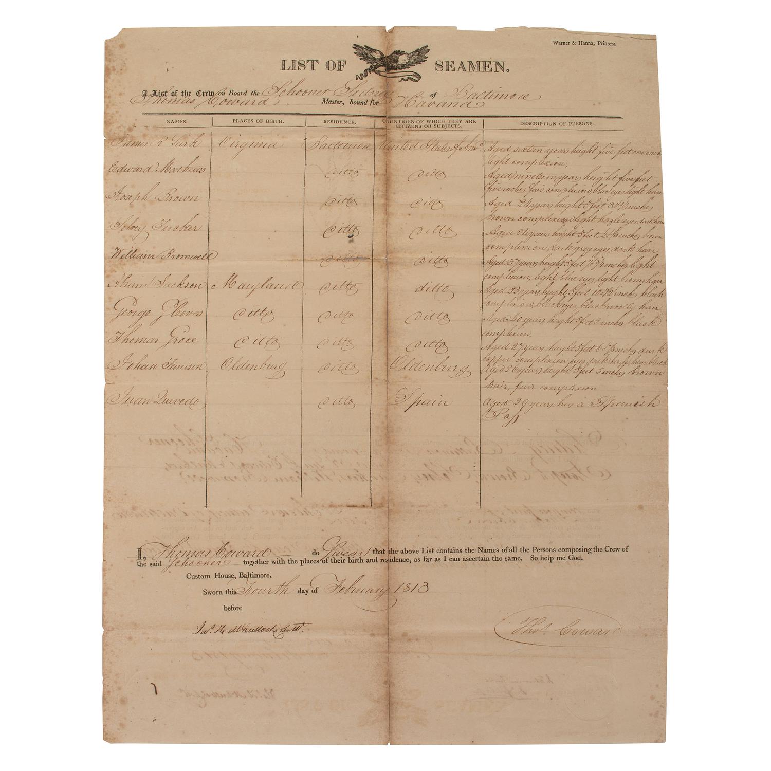[AFRICAN AMERICANA]. "A List of the Crew On Board the Schooner Sidney of Baltimore." Custom House, Baltimore. 4 February 1813.