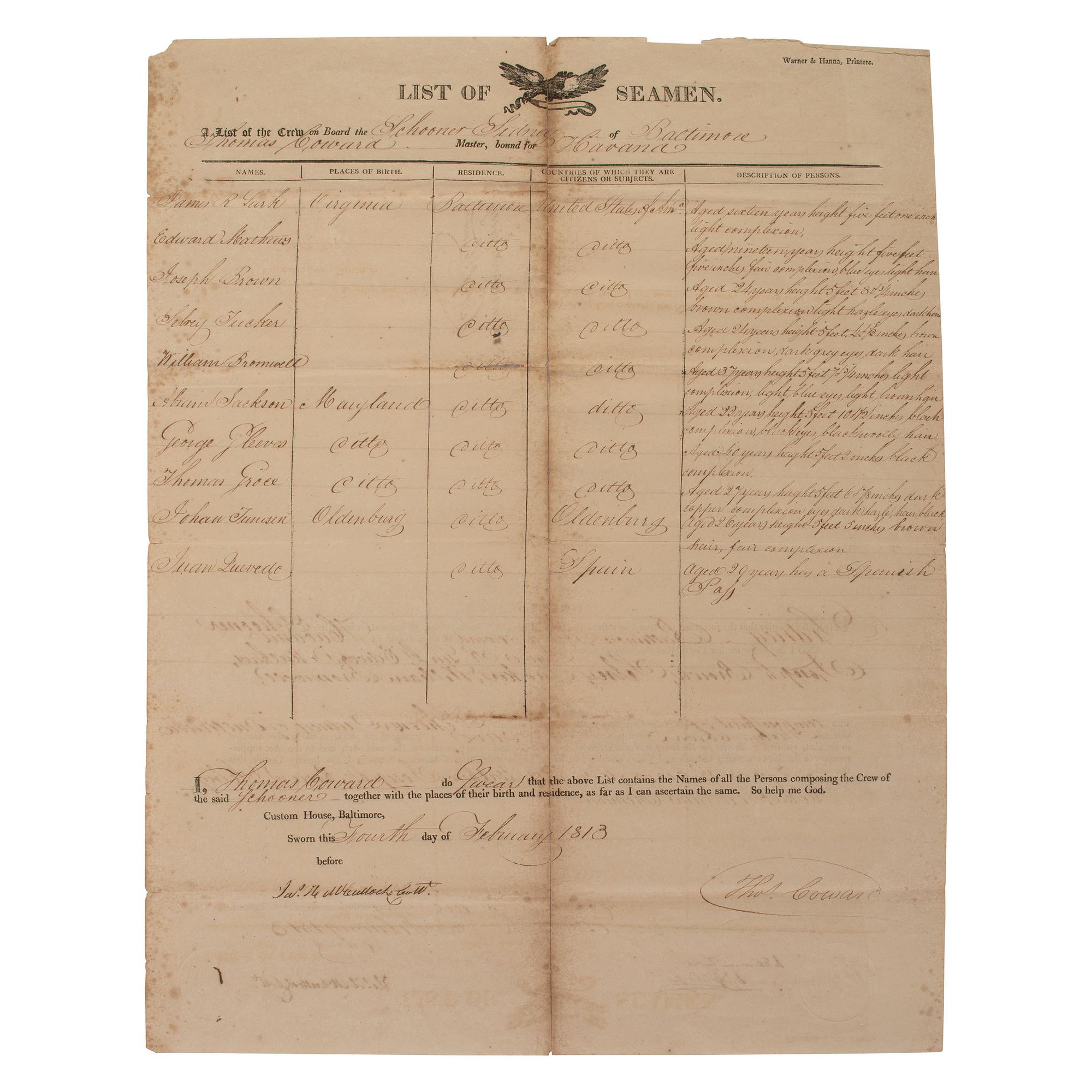 [AFRICAN AMERICANA]. "A List of the Crew On Board the Schooner Sidney of Baltimore." Custom House, Baltimore. 4 February 1813.