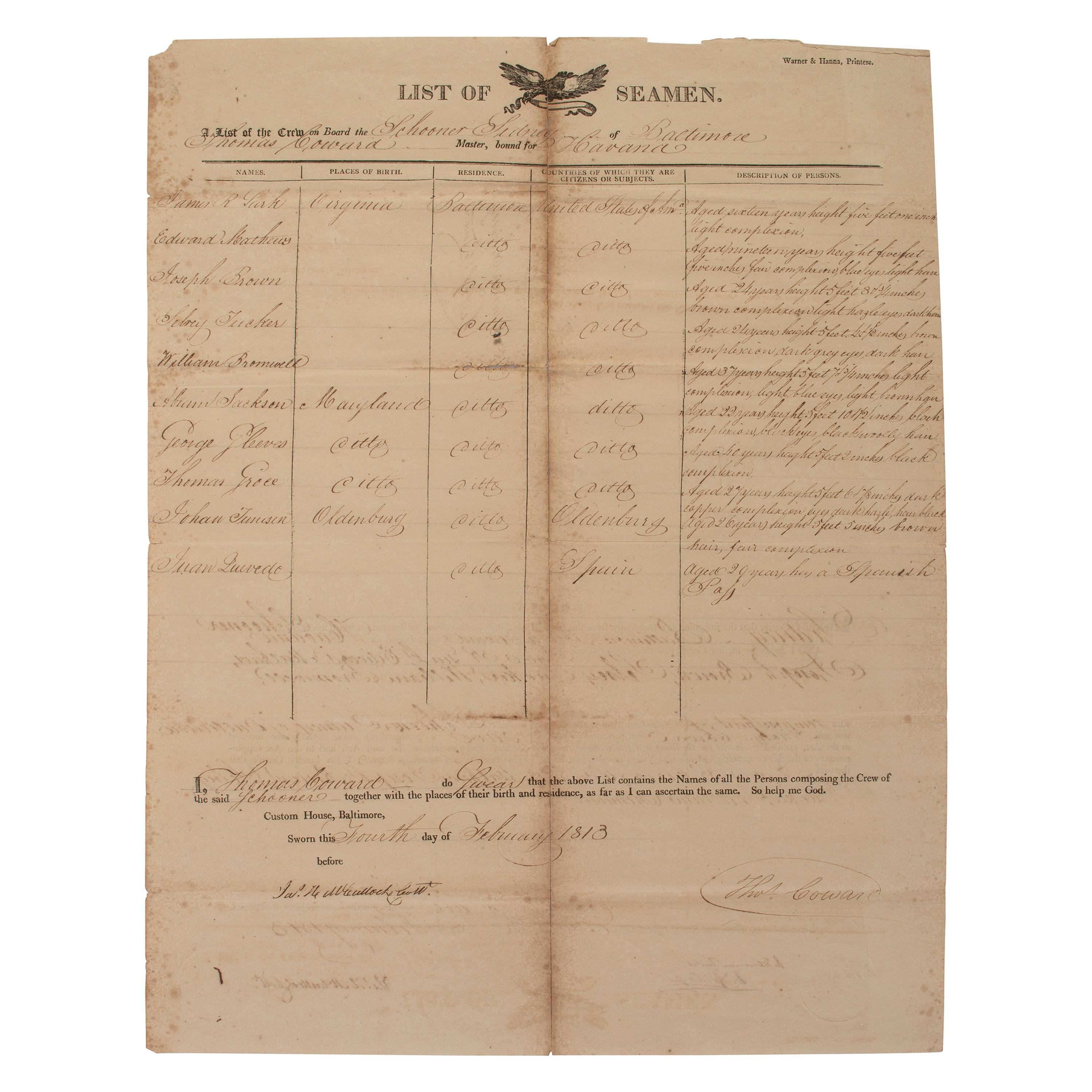 [AFRICAN AMERICANA]. "A List of the Crew On Board the Schooner Sidney of Baltimore." Custom House, Baltimore. 4 February 1813.