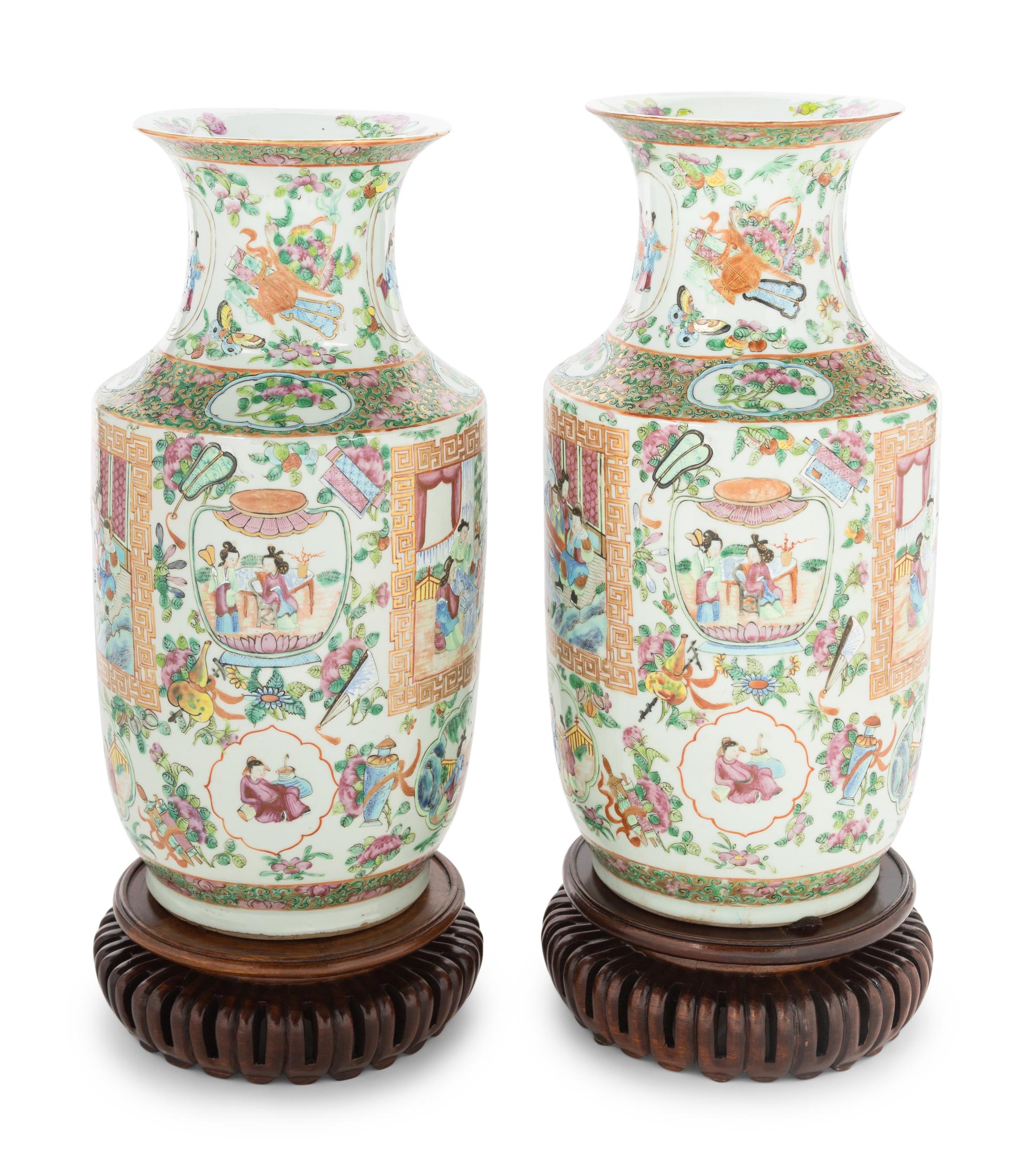 A Pair of Chinese Export Canton Style Porcelain Vases
