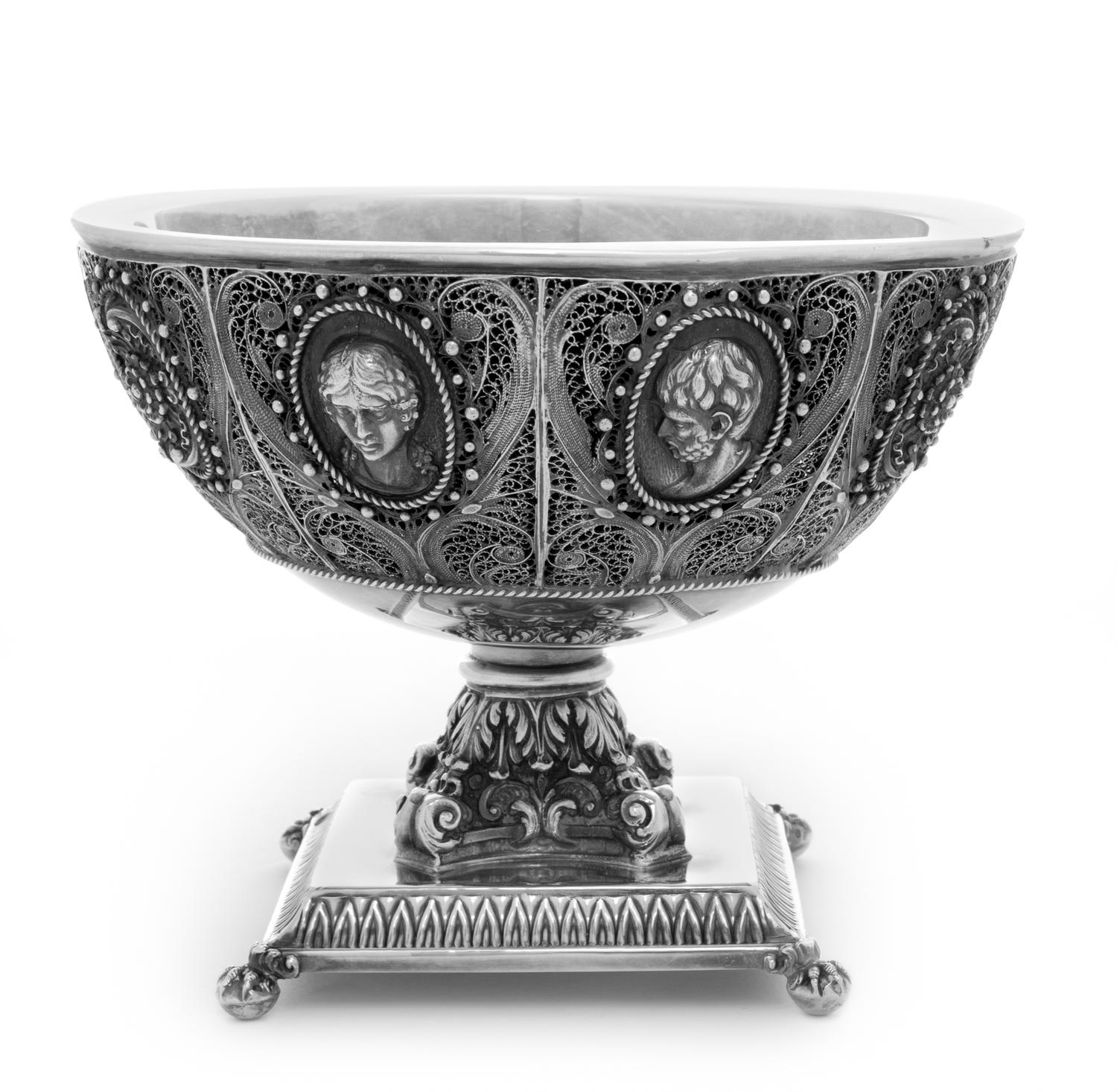 A Spanish Silver Bowl, Luis Sanz, Mid-20th Century, in the Renaissance taste, the exterior with six portrait medallions surrounded by f
