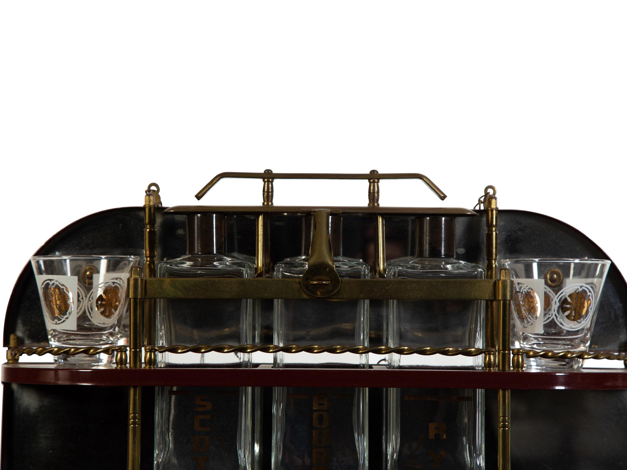 A Brass-Mounted Liquor Rack with Glasses and Tantalus