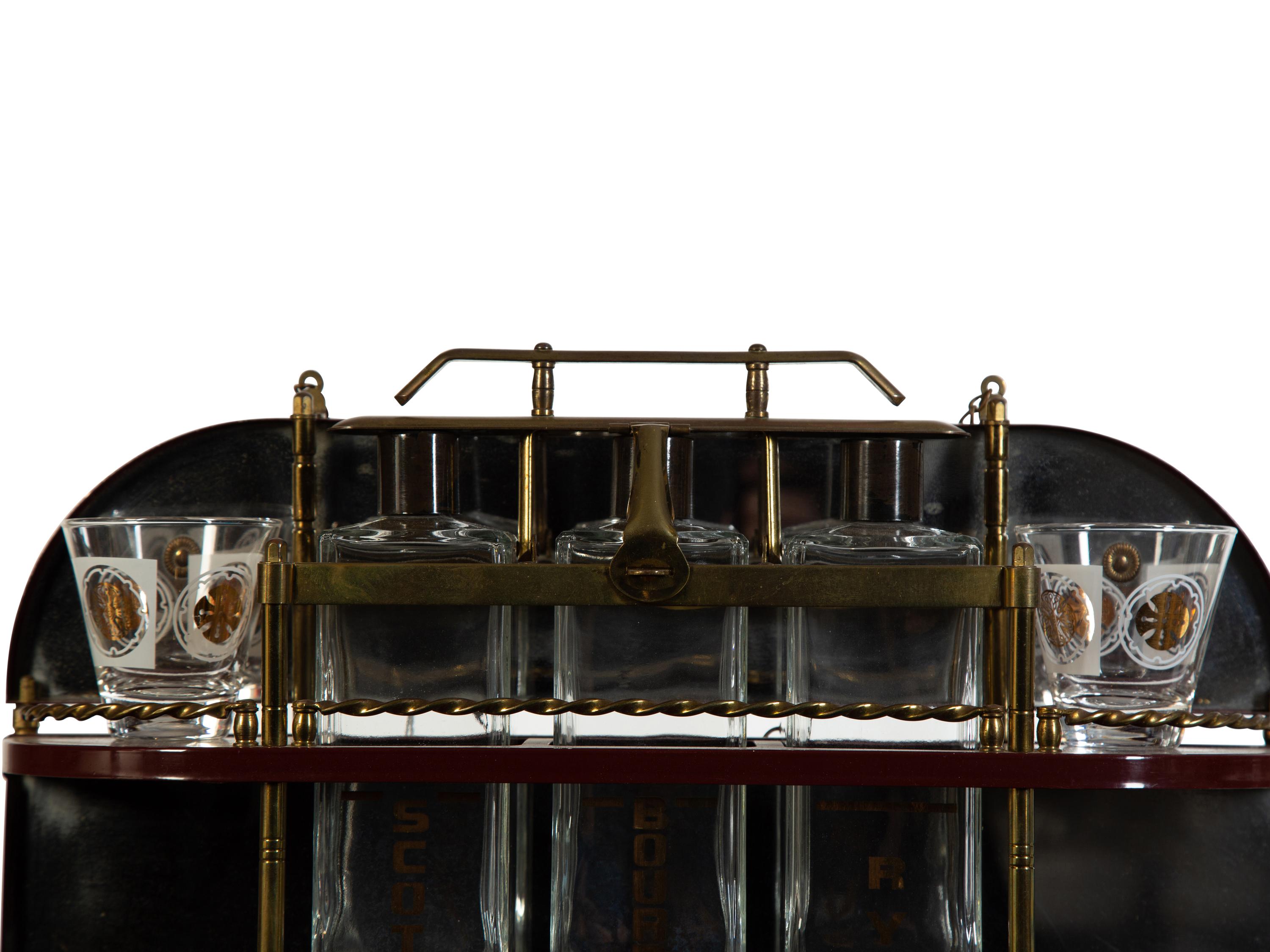 A Brass-Mounted Liquor Rack with Glasses and Tantalus