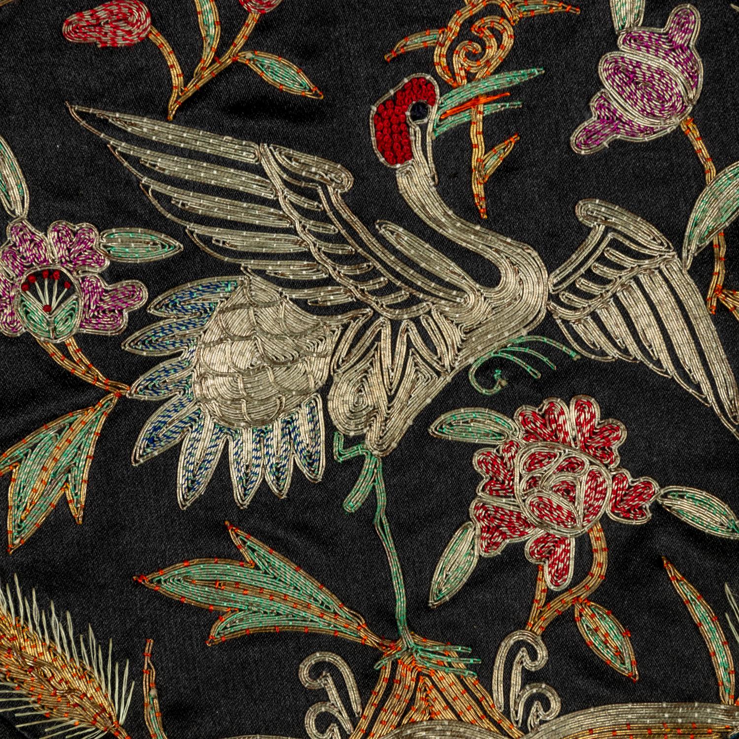 A Set of Chinese Navy Ground Embroidered Silk 'Crane' Jacket and Matching Pants, 19th Century 清晚期 石青地盤金綉團鶴紋女褂褲一套
