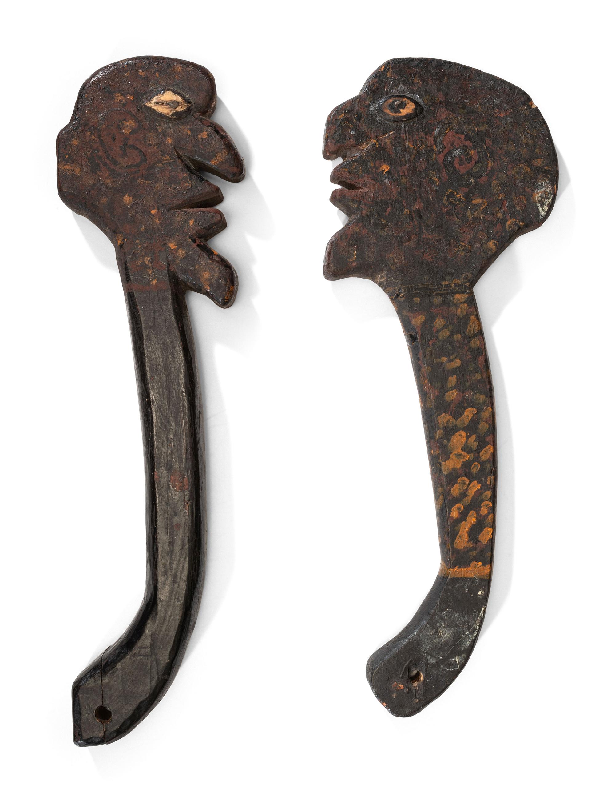 Two Carved and Painted Wood Figural Clubs
